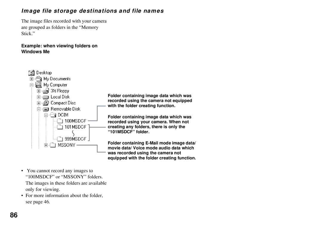 Sony DSC-P32, DSC-P72 Image file storage destinations and file names, Example when viewing folders on Windows Me 