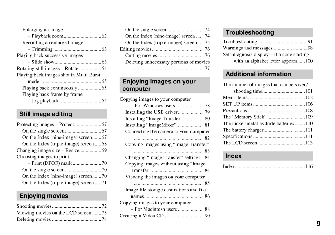 Sony DSC-P72, DSC-P32 Still image editing, Enjoying movies, Enjoying images on your Computer, Troubleshooting, Index 
