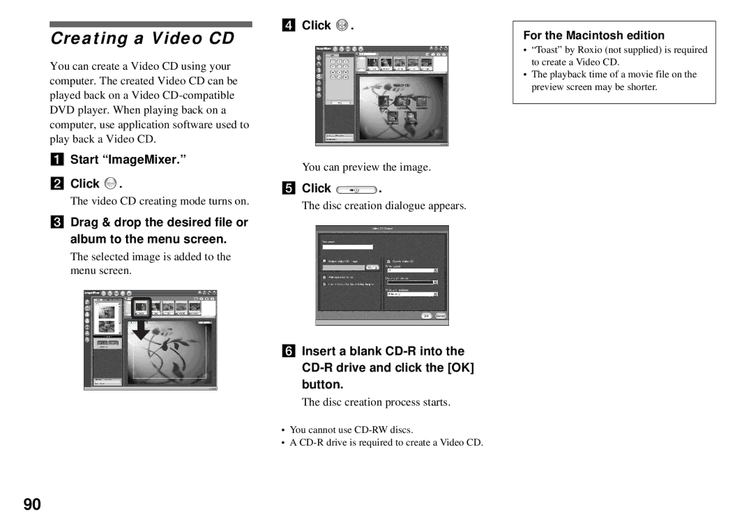 Sony DSC-P32 Creating a Video CD, Start ImageMixer Click, Drag & drop the desired file or album to the menu screen 