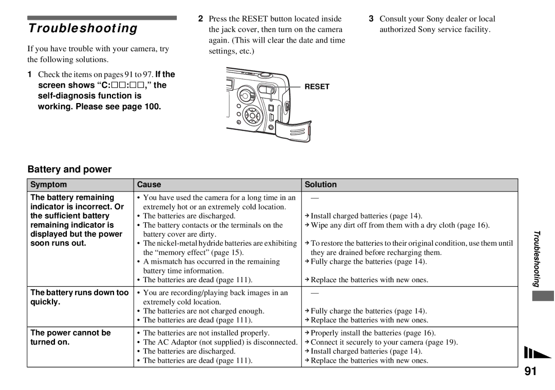 Sony DSC-P72, DSC-P32 operating instructions Troubleshooting, Battery and power 