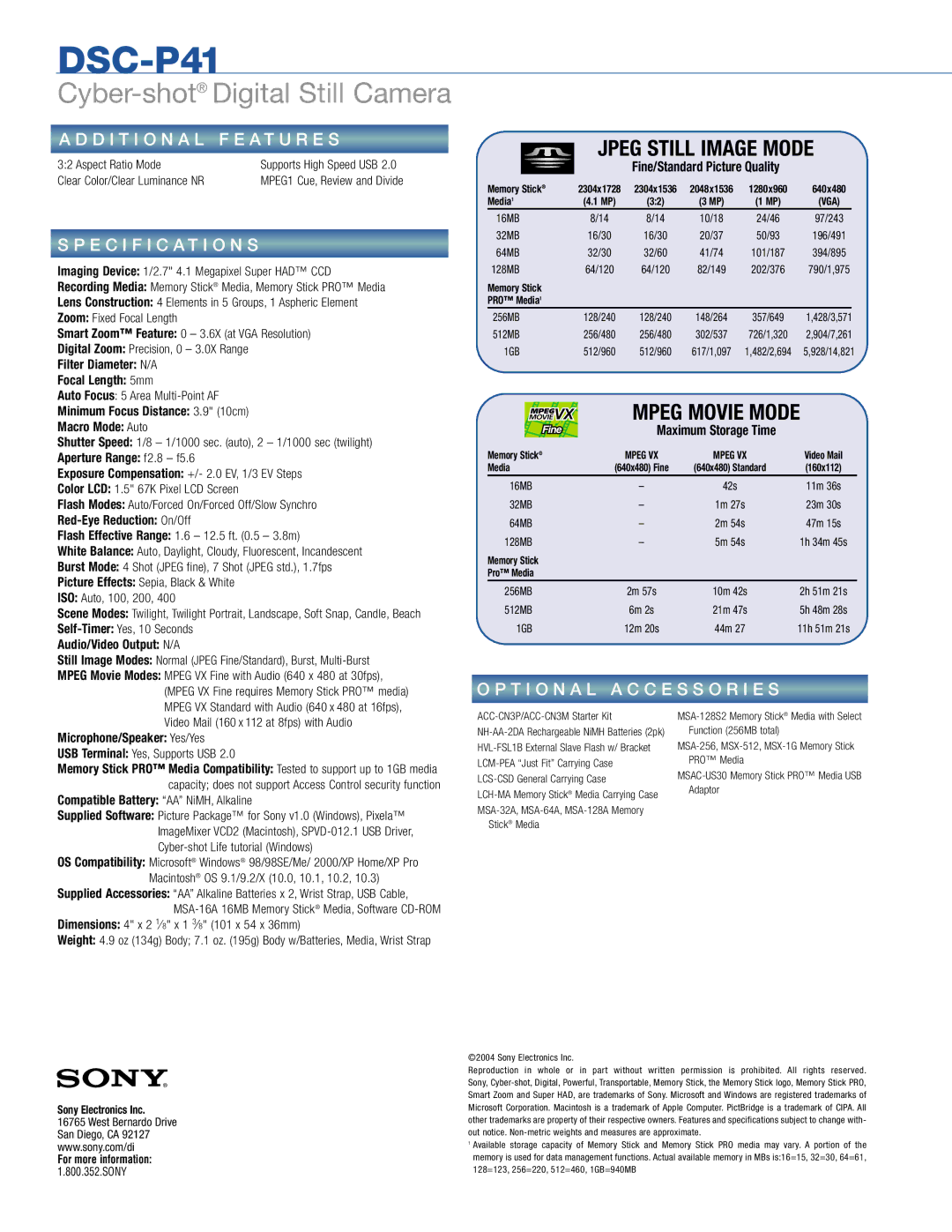 Sony DSC-P41, CYBERSHOT manual D I T I O N a L F E a T U R E S, Specification S, T I O N a L a C C E S S O R I E S 