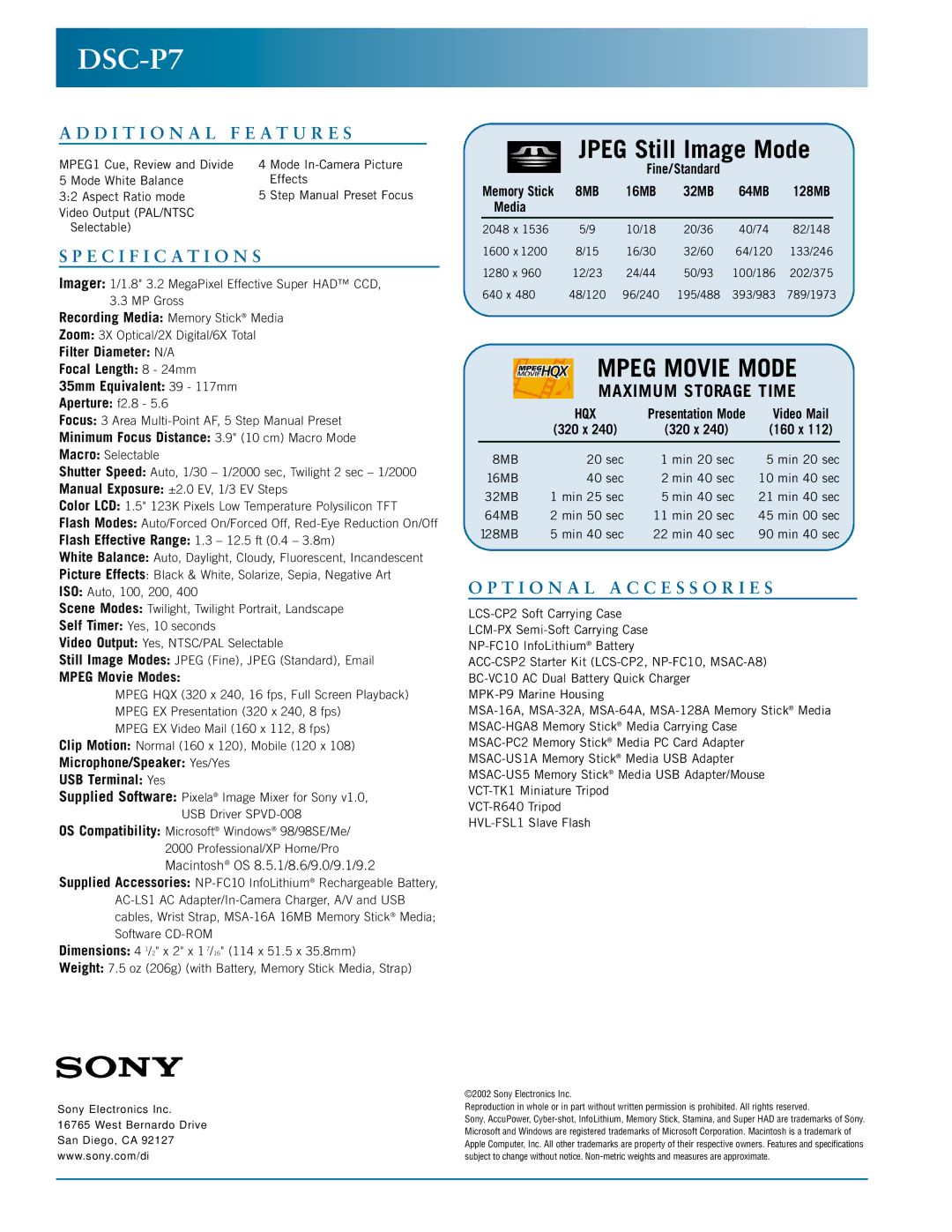 Sony DSC-P7 manual D I T I O N a L F E a T U R E S, Specification S, T I O N a L a C C E S S O R I E S 