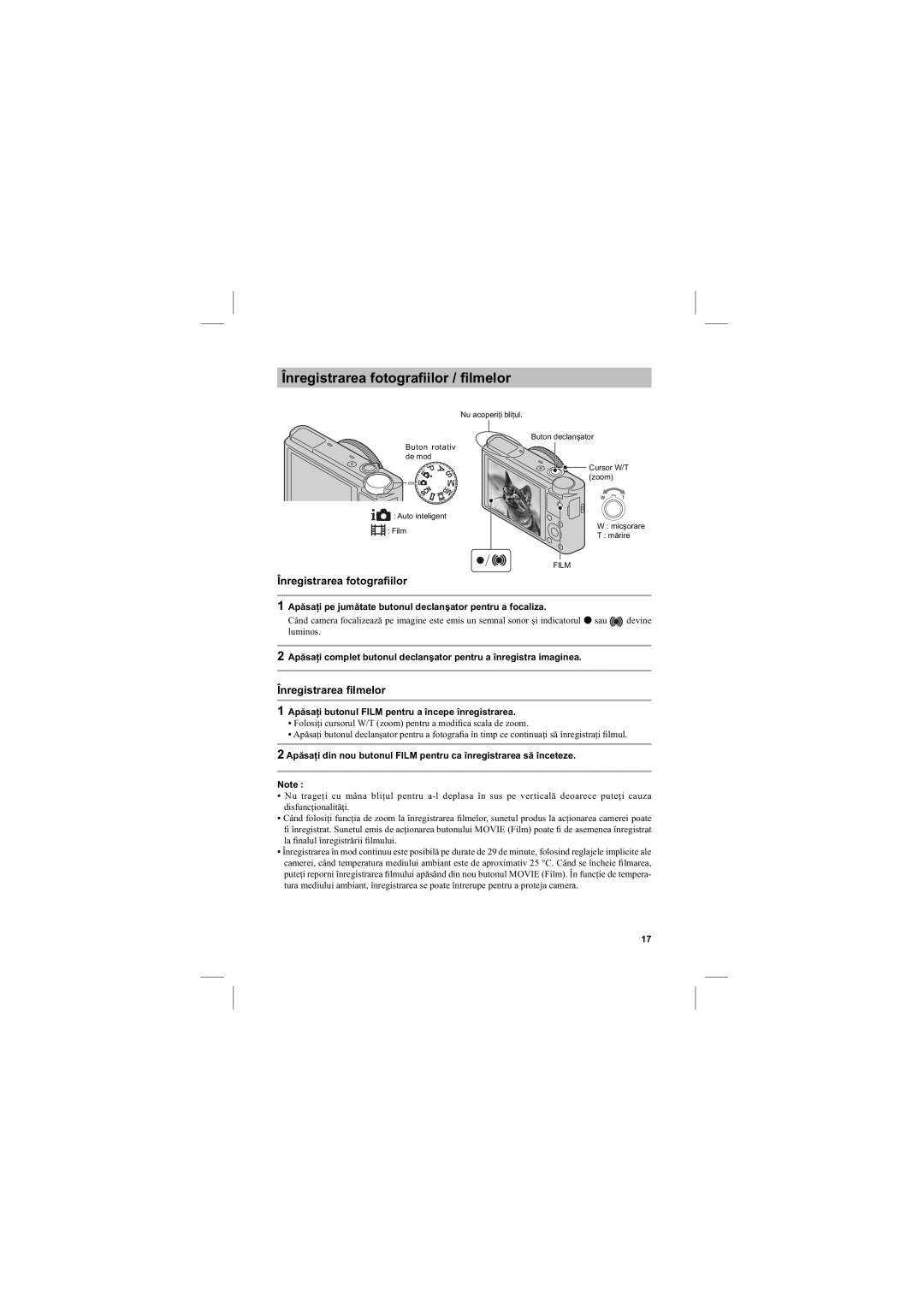 Sony DSC-RX100 manual Înregistrarea fotograﬁilor / ﬁlmelor, Înregistrarea ﬁlmelor 