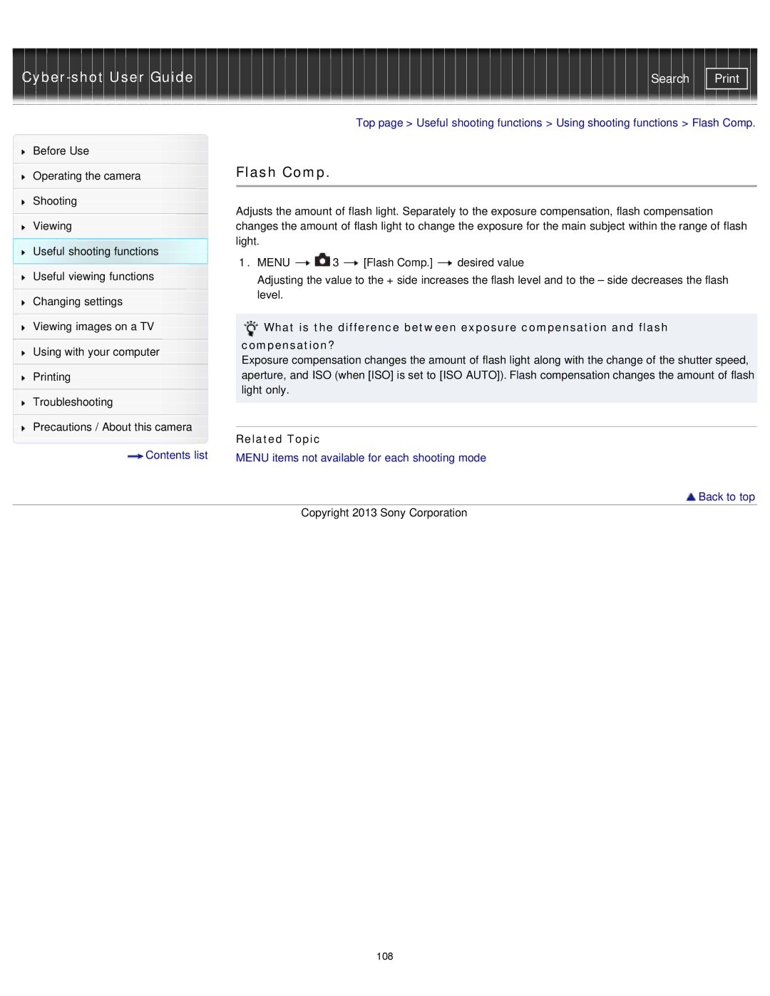 Sony DSCRX100M2/B, DSC-RX100M2/B manual Flash Comp, Compensation? 