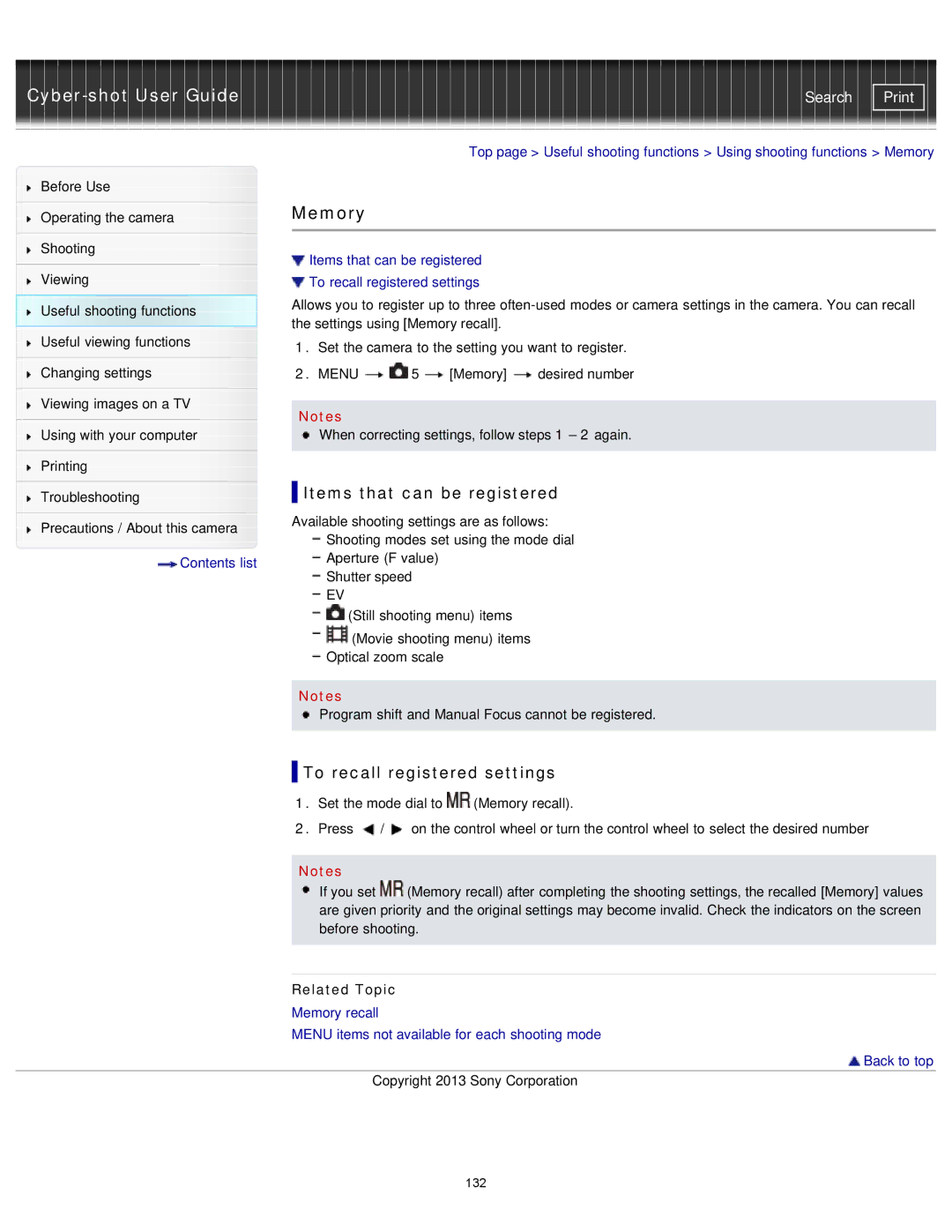 Sony DSCRX100M2/B, DSC-RX100M2/B manual Memory, Items that can be registered, To recall registered settings 