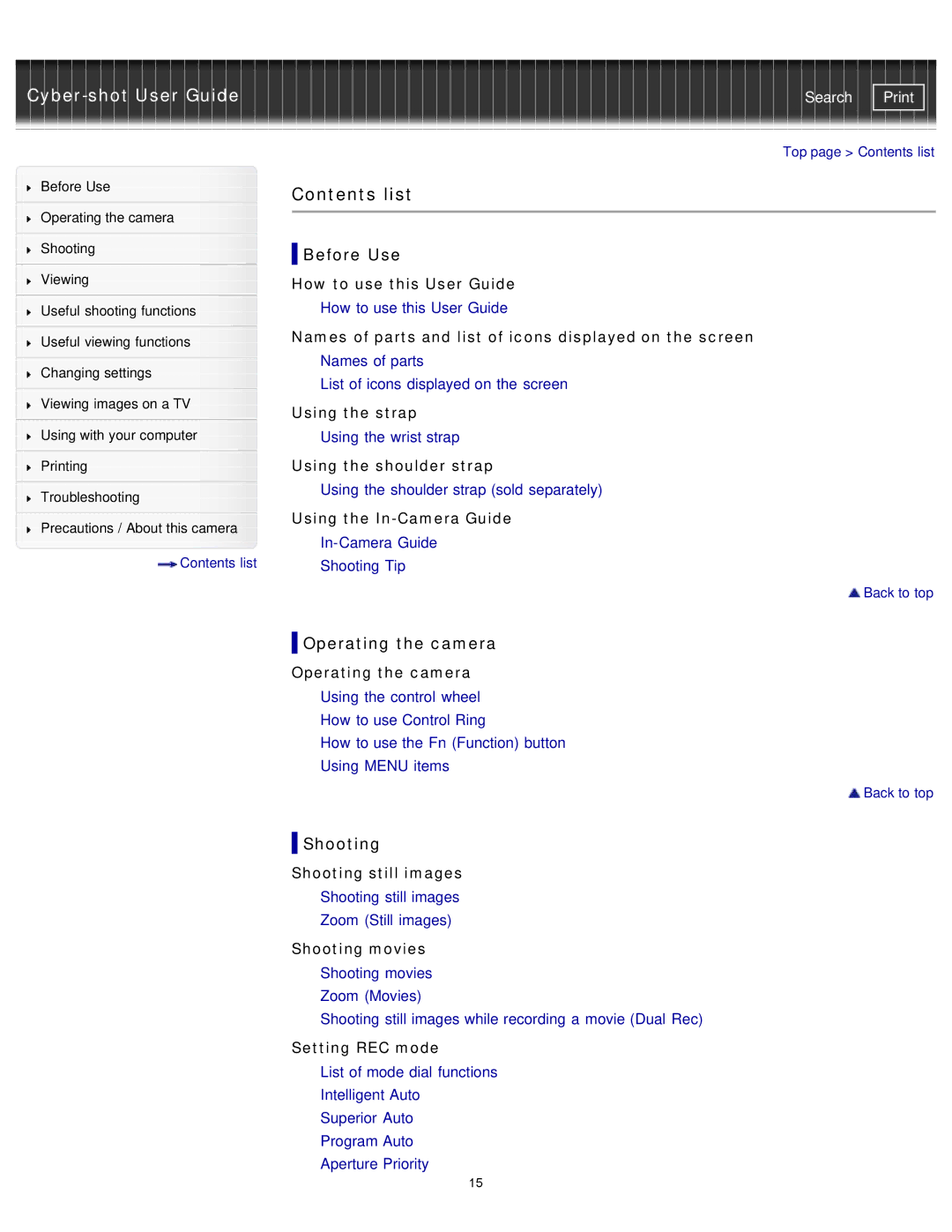 Sony DSCRX100M2/B, DSC-RX100M2/B manual Contents list 