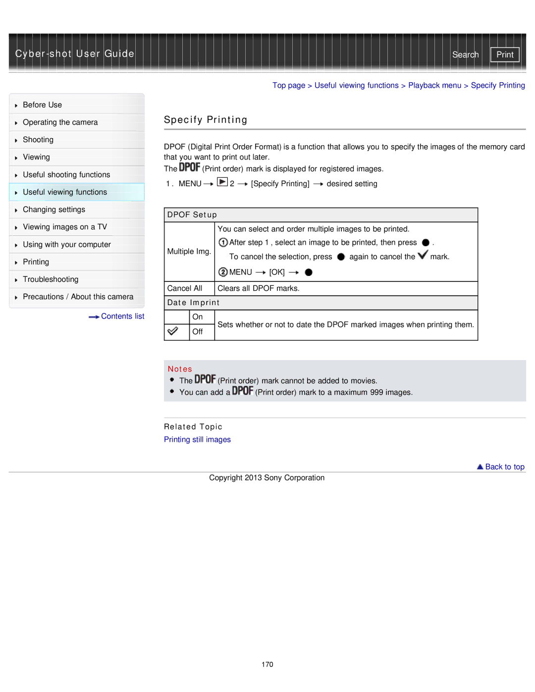 Sony DSC-RX100M2/B, DSCRX100M2/B manual Specify Printing, Dpof Setup, Date Imprint 