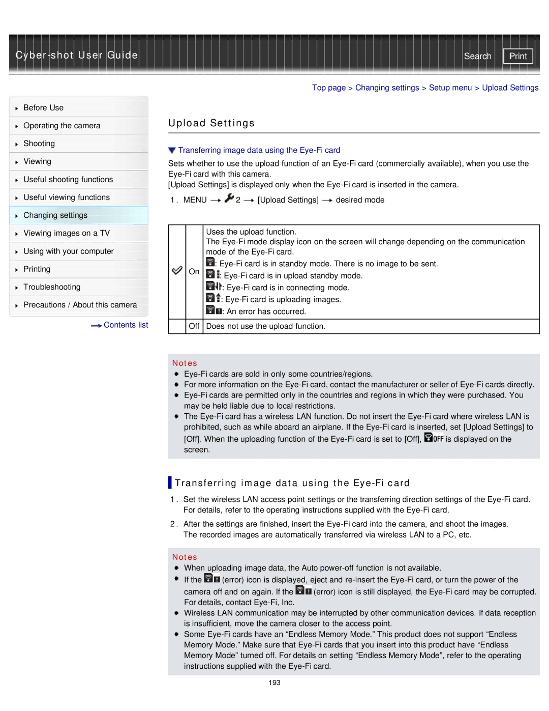 Sony DSCRX100M2/B, DSC-RX100M2/B manual Upload Settings, Transferring image data using the Eye-Fi card 