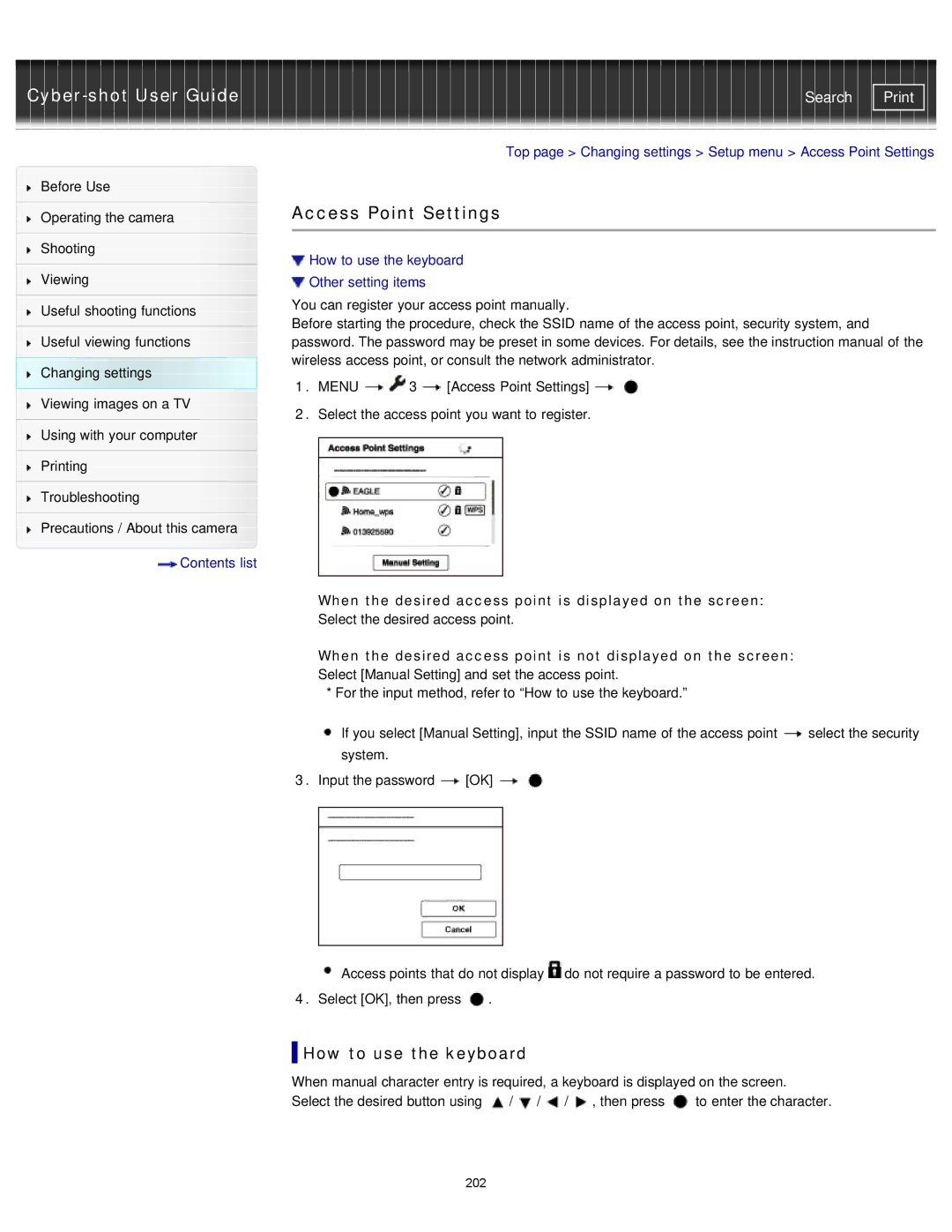 Sony DSCRX100M2/B Access Point Settings, How to use the keyboard, When the desired access point is displayed on the screen 