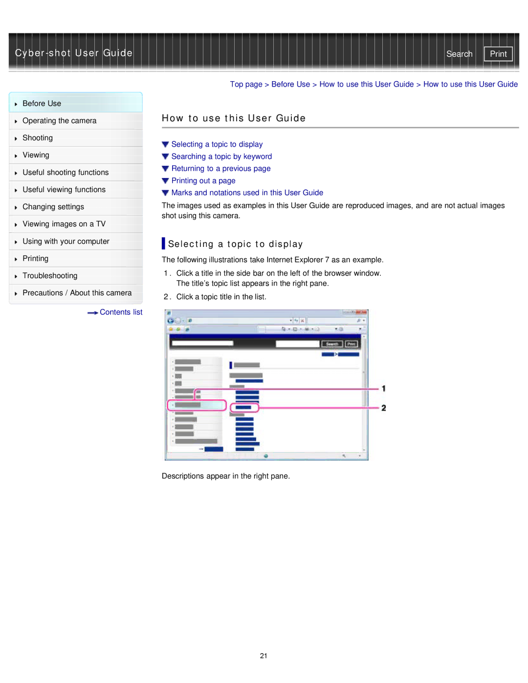 Sony DSCRX100M2/B, DSC-RX100M2/B manual How to use this User Guide, Selecting a topic to display 