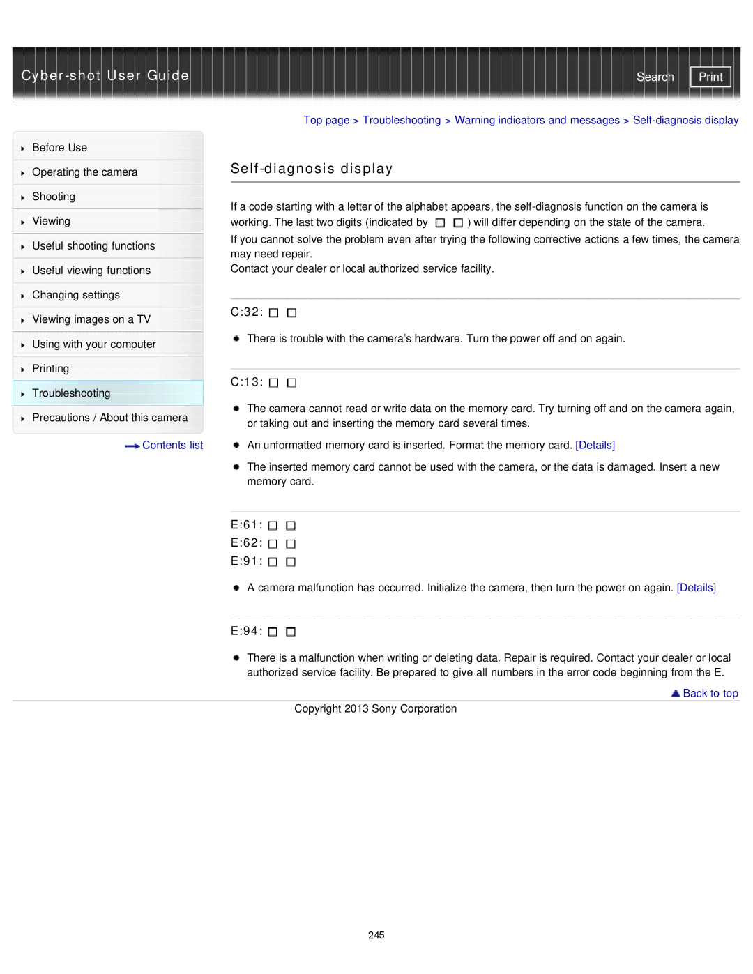 Sony DSC-RX100M2/B, DSCRX100M2/B manual Self-diagnosis display, C32, C13, E61 E62 E91, E94 