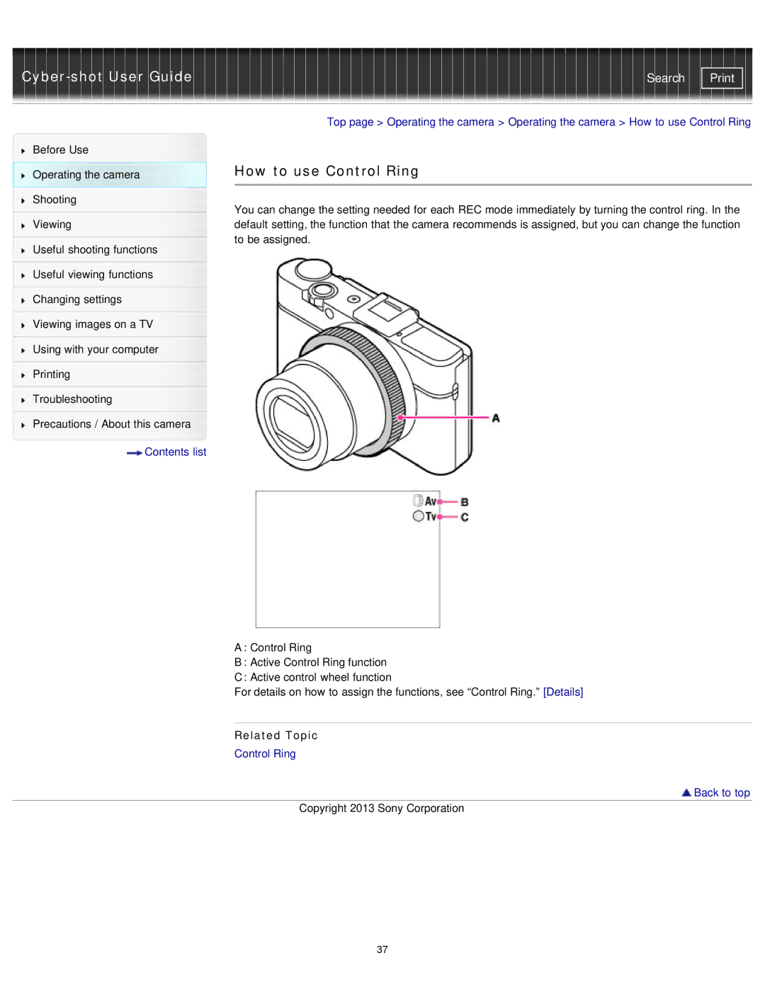 Sony DSCRX100M2/B, DSC-RX100M2/B manual How to use Control Ring 