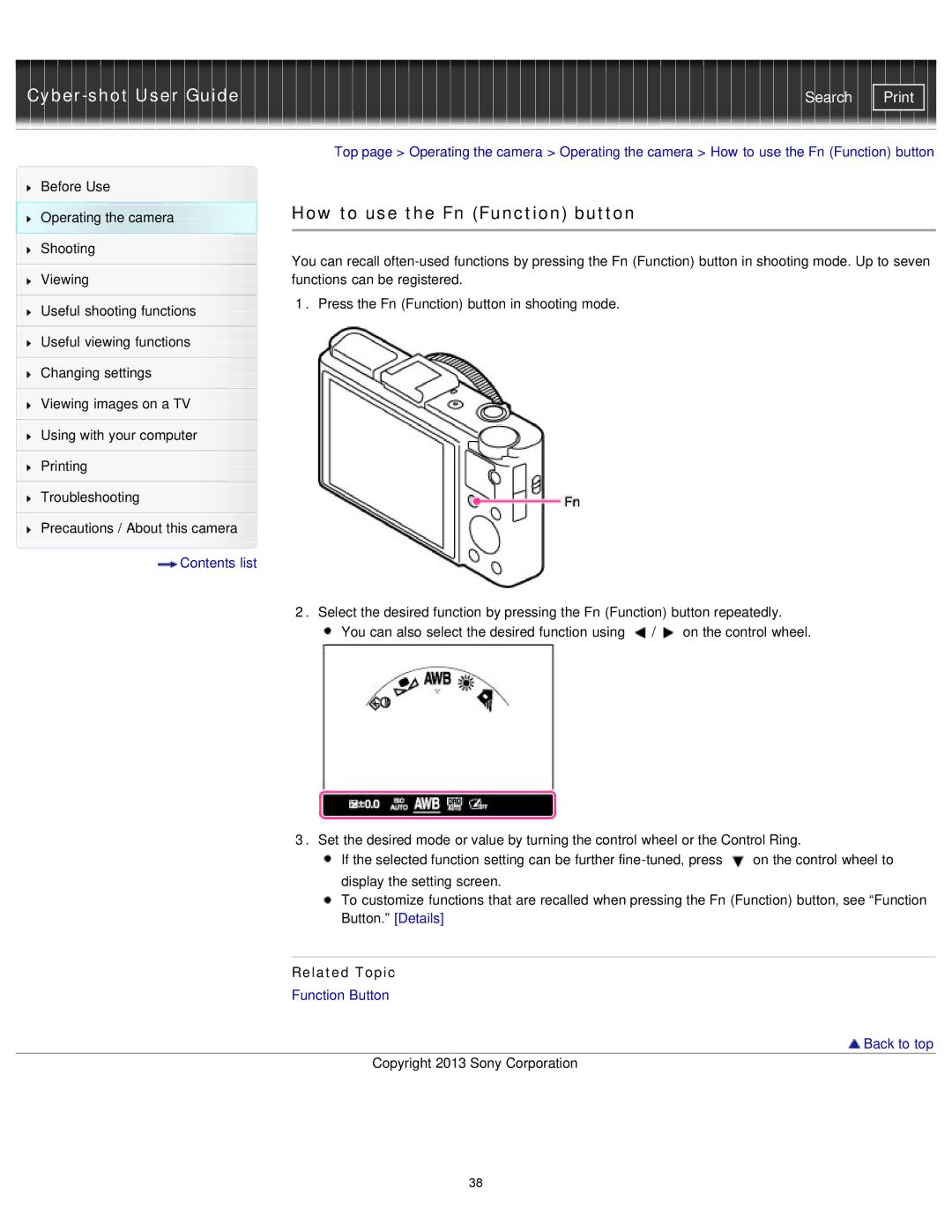 Sony DSC-RX100M2/B, DSCRX100M2/B manual How to use the Fn Function button 