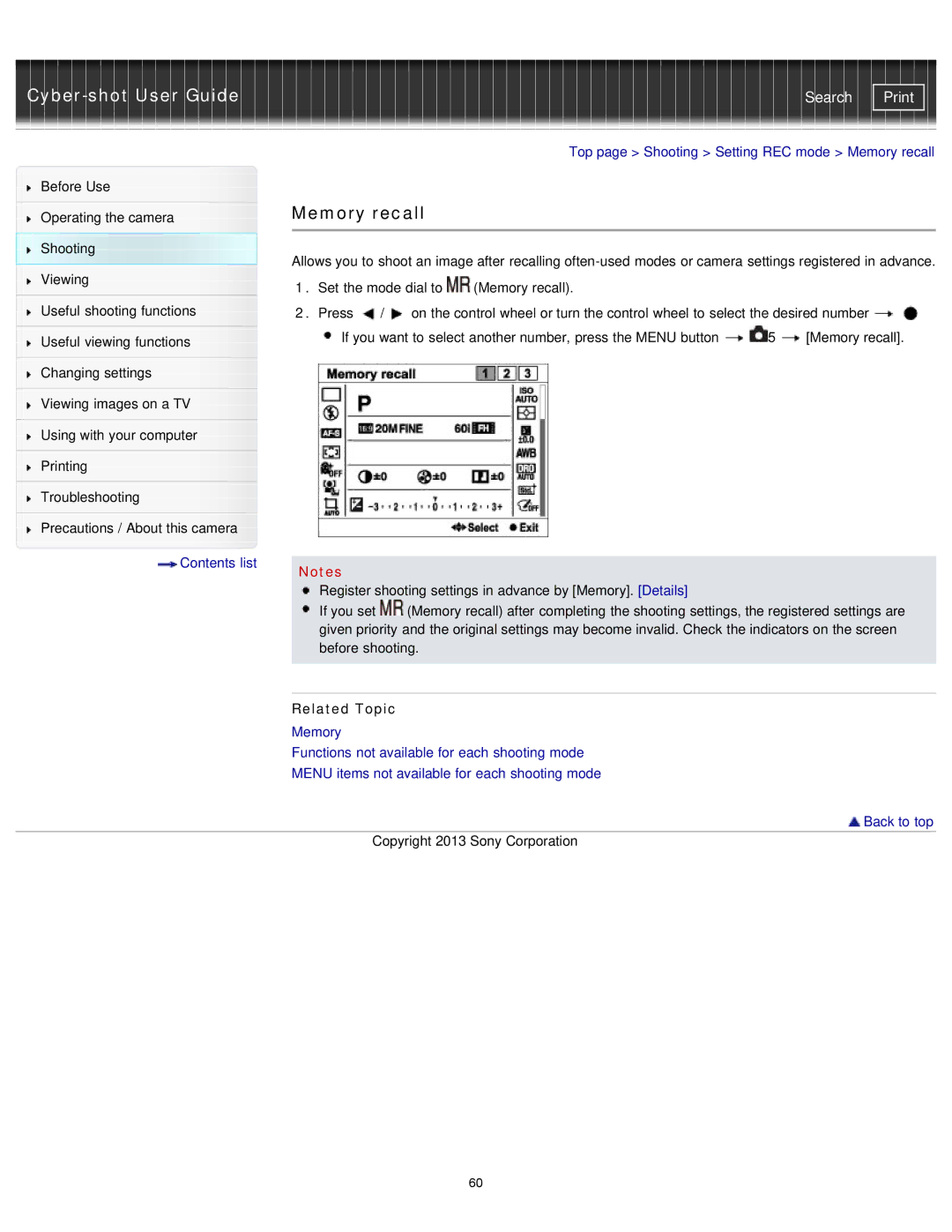 Sony DSCRX100M2/B, DSC-RX100M2/B manual Memory recall 