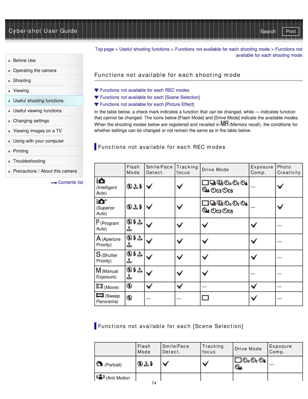 Sony DSC-RX100M2/B manual Functions not available for each shooting mode, Functions not available for each REC modes 