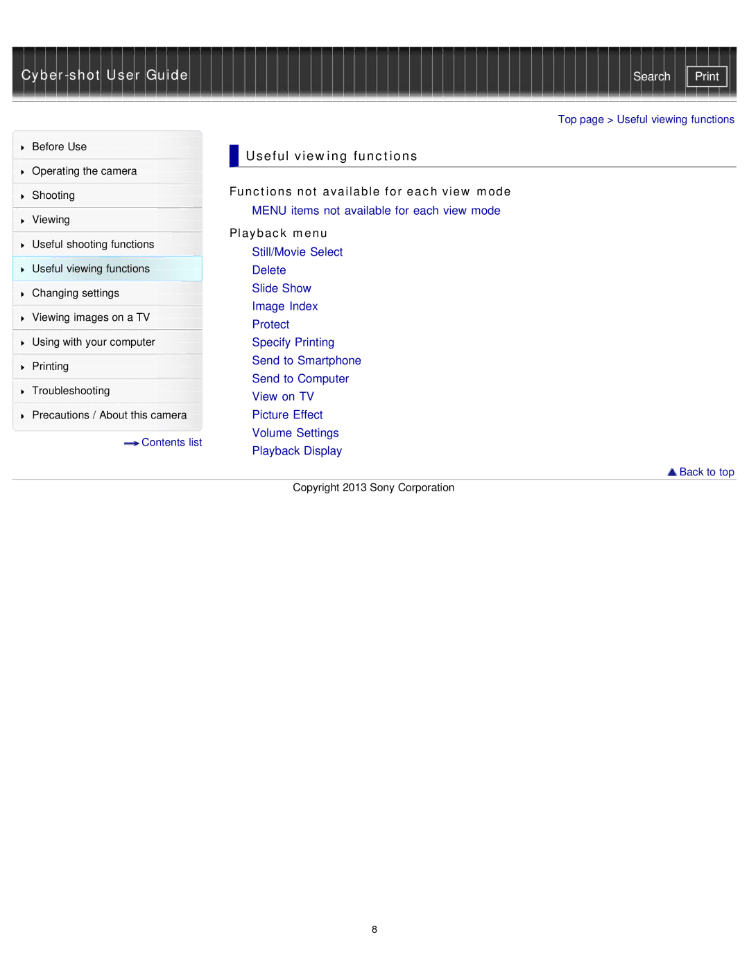 Sony DSC-RX100M2/B, DSCRX100M2/B manual Useful viewing functions, Functions not available for each view mode, Playback menu 