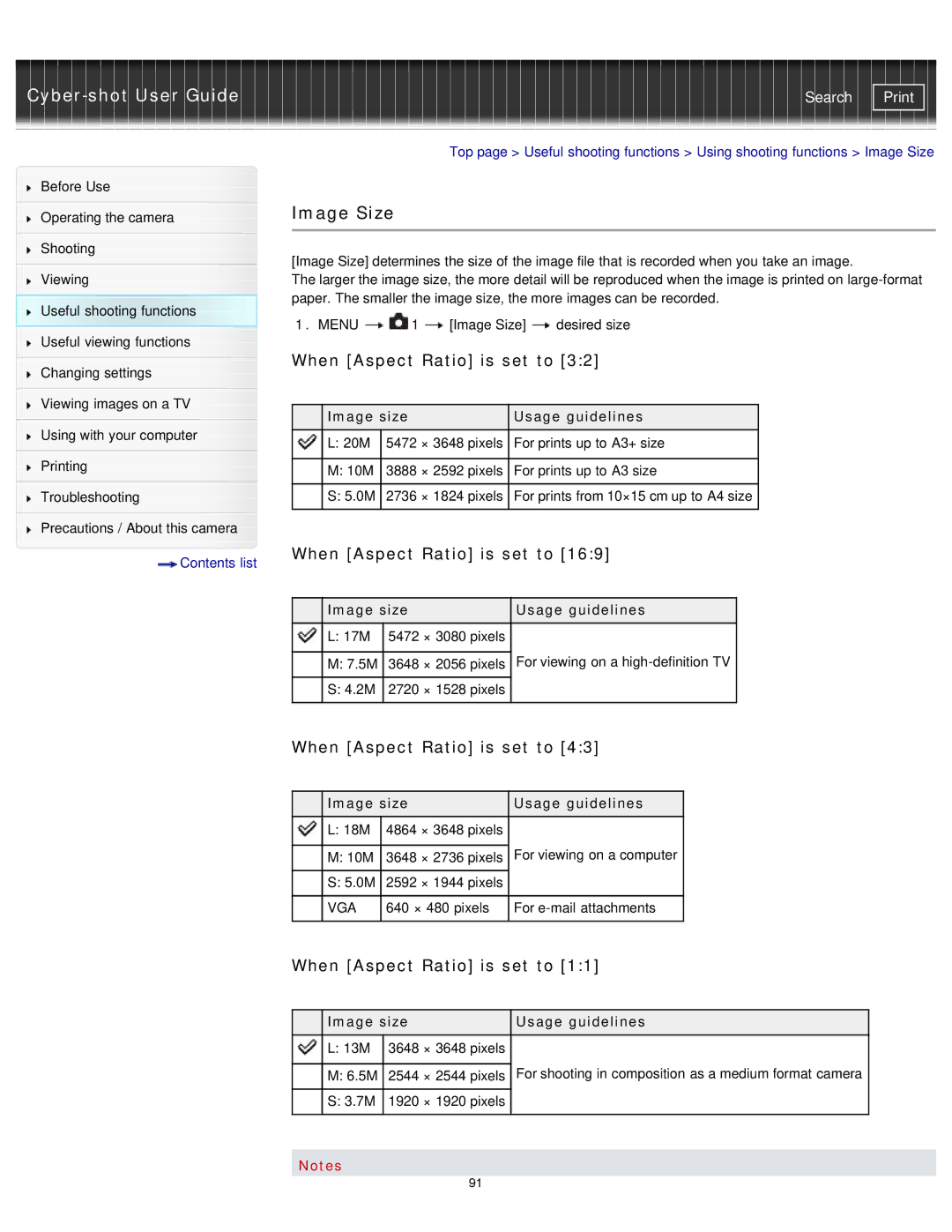 Sony DSCRX100M2/B, DSC-RX100M2/B manual Image Size, When Aspect Ratio is set to, Image size Usage guidelines 