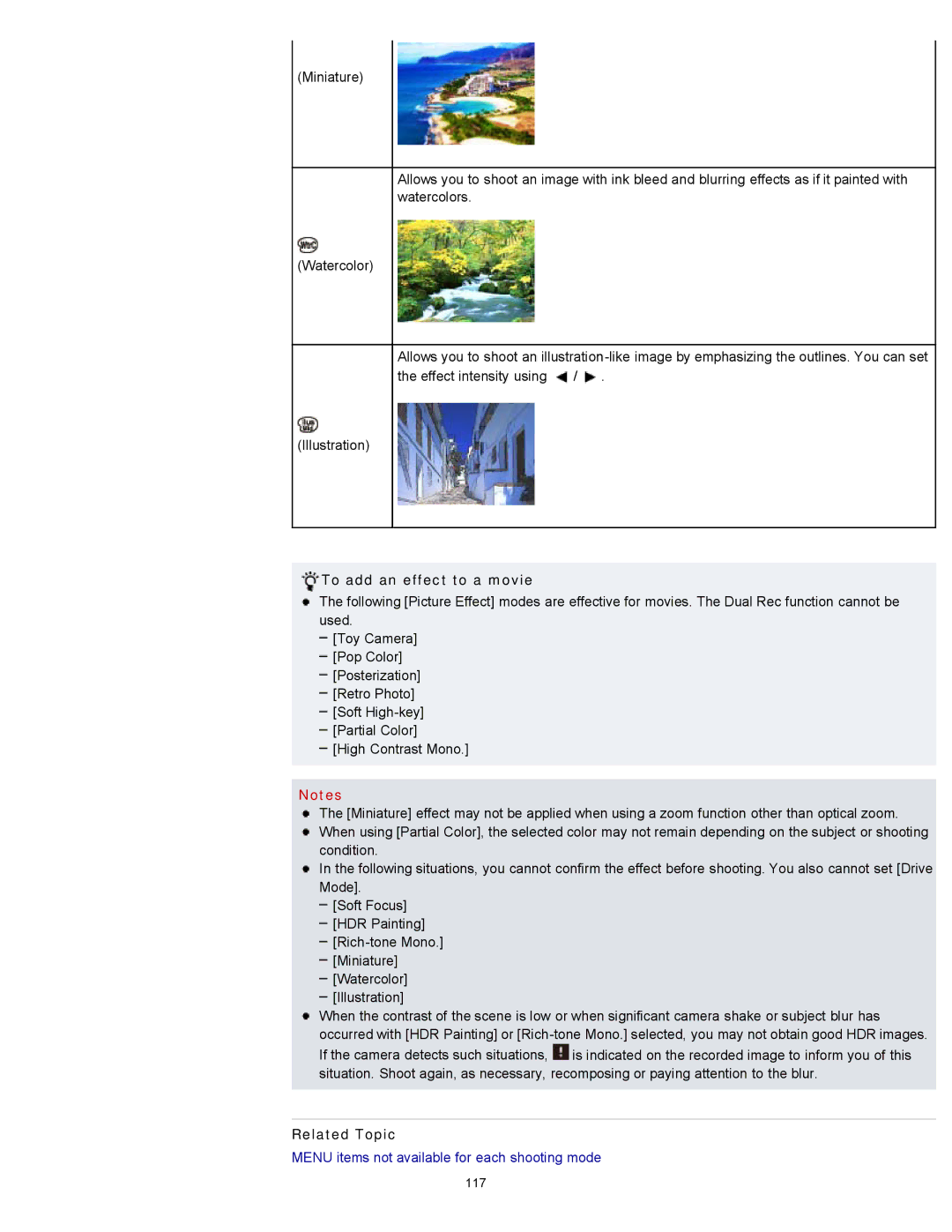 Sony DSC-RX100M2 manual To add an effect to a movie, Related Topic 