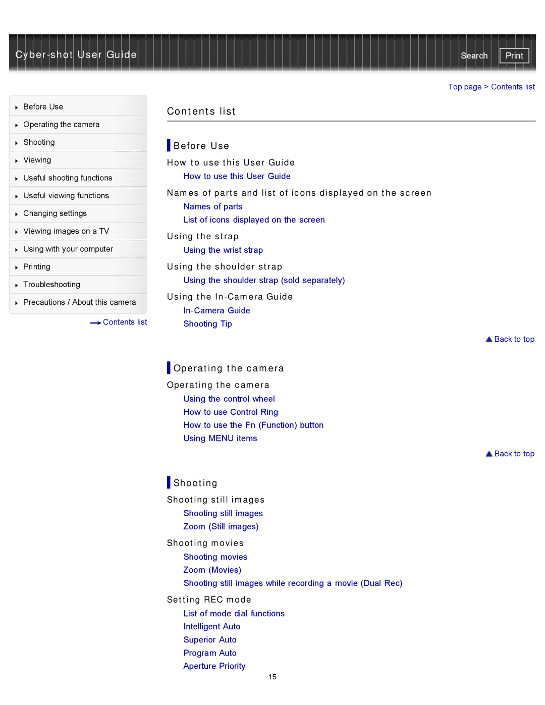 Sony DSC-RX100M2 manual Contents list 