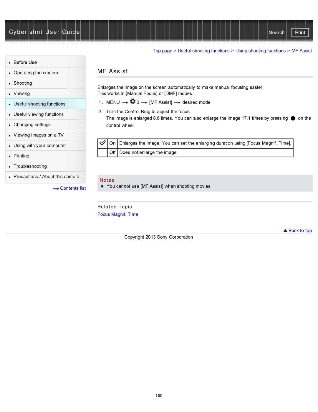 Sony DSC-RX100M2 manual MF Assist, Related Topic 