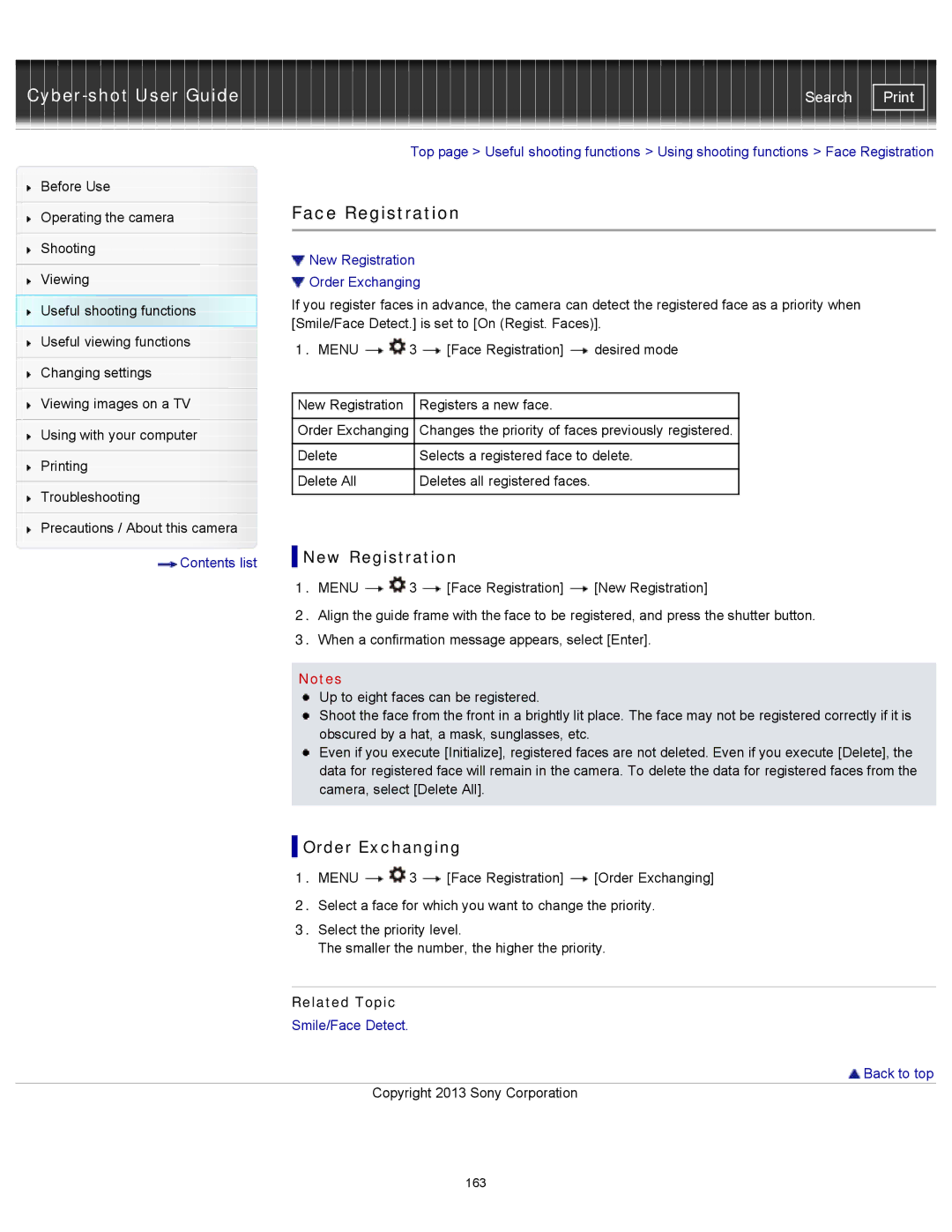 Sony DSC-RX100M2 manual Face Registration, New Registration, Order Exchanging 