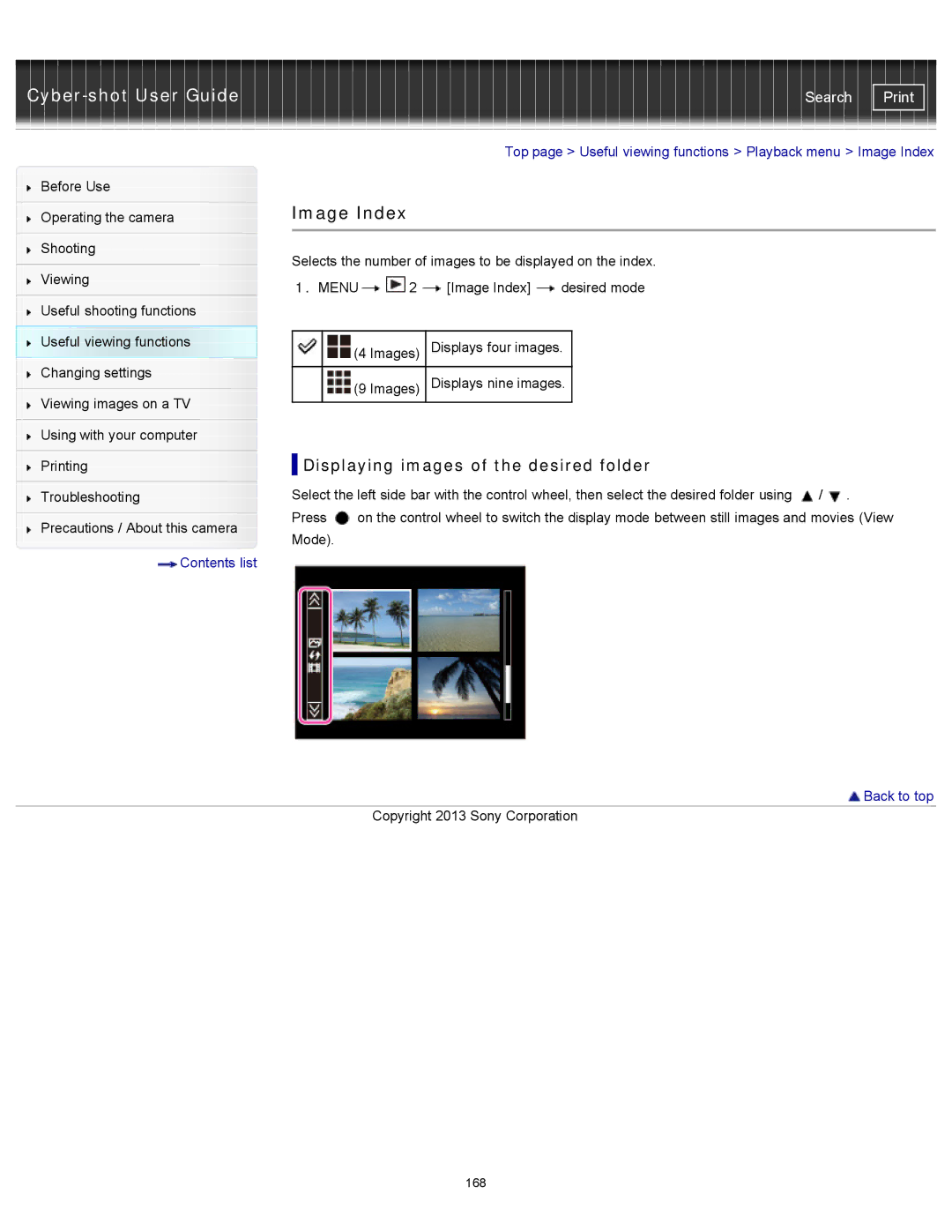 Sony DSC-RX100M2 manual Top page Useful viewing functions Playback menu Image Index 