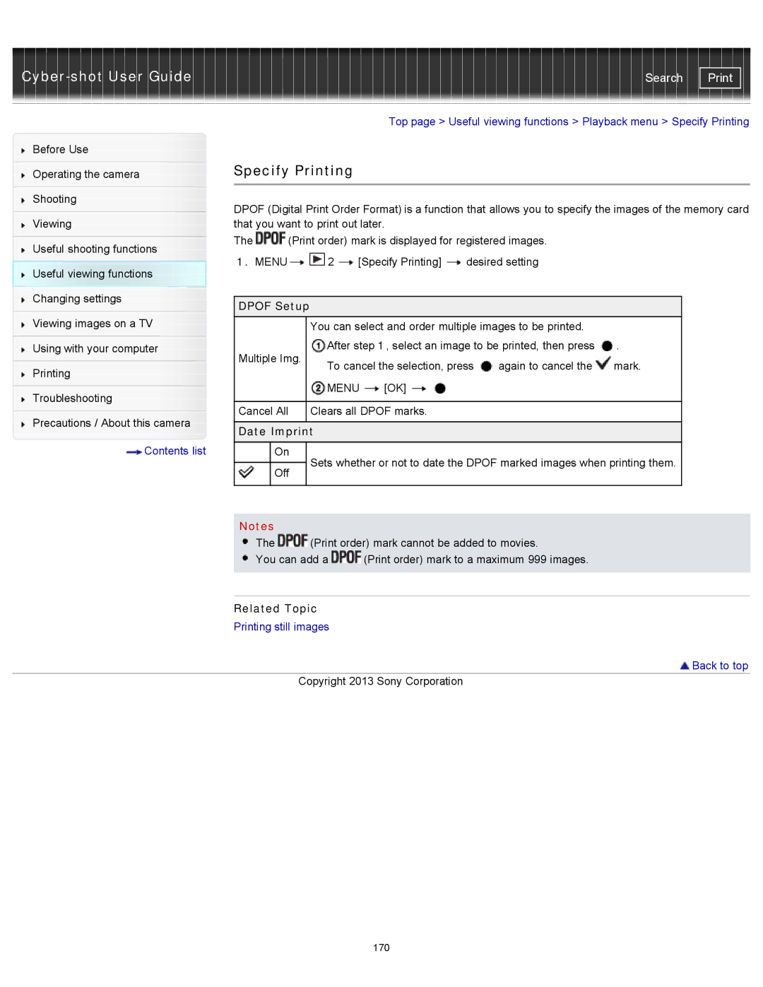 Sony DSC-RX100M2 manual Specify Printing, Dpof Setup, Date Imprint 