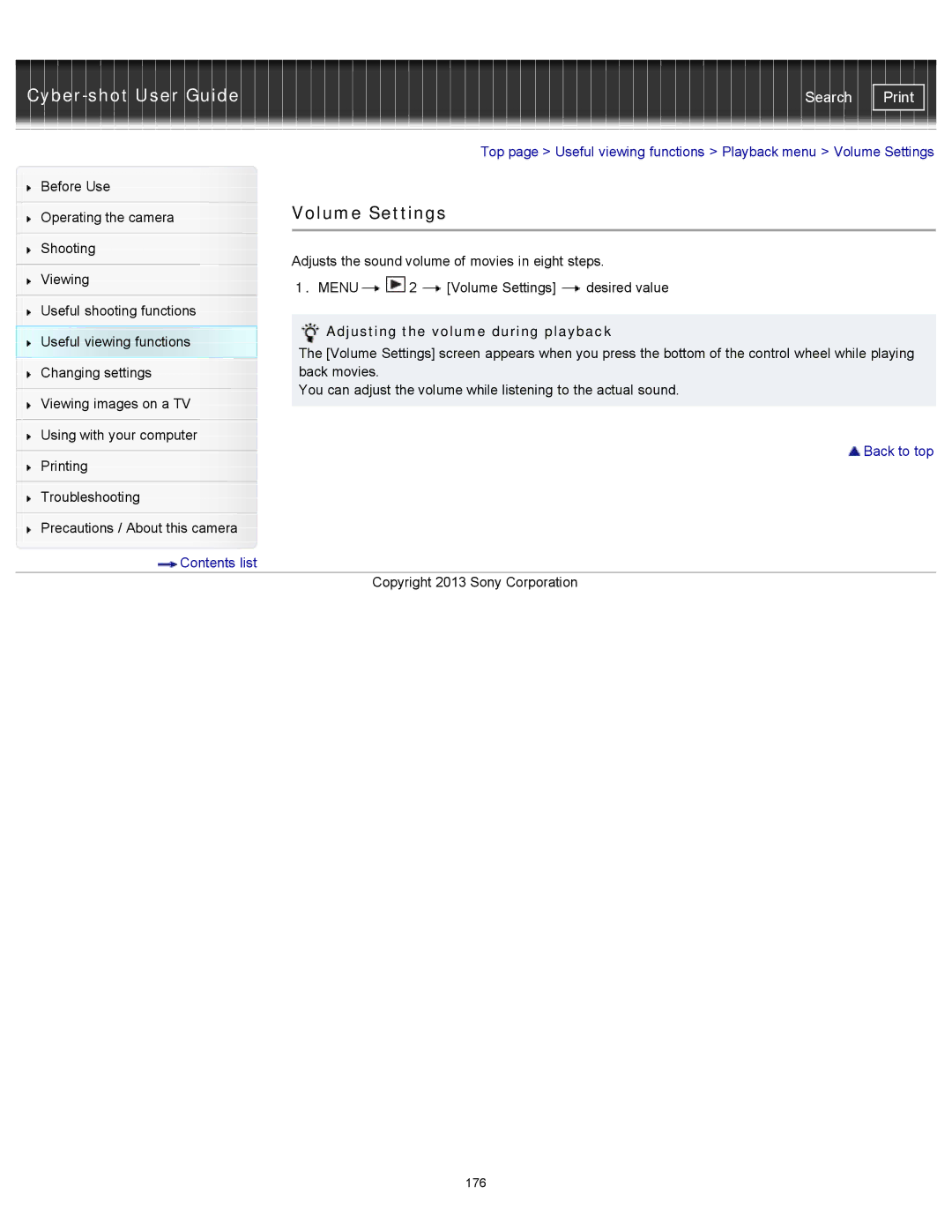 Sony DSC-RX100M2 manual Volume Settings, Adjusting the volume during playback 