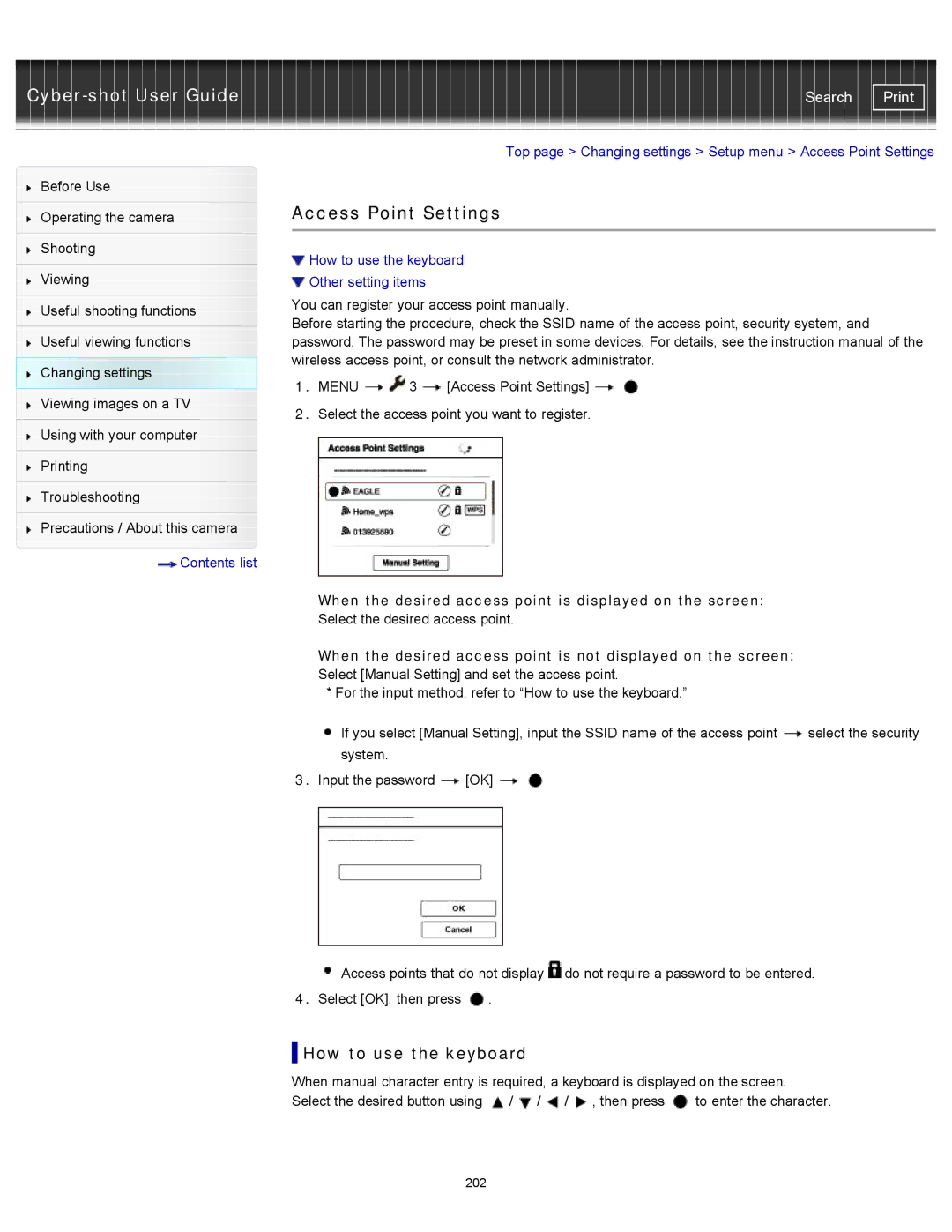 Sony DSC-RX100M2 Access Point Settings, How to use the keyboard, When the desired access point is displayed on the screen 