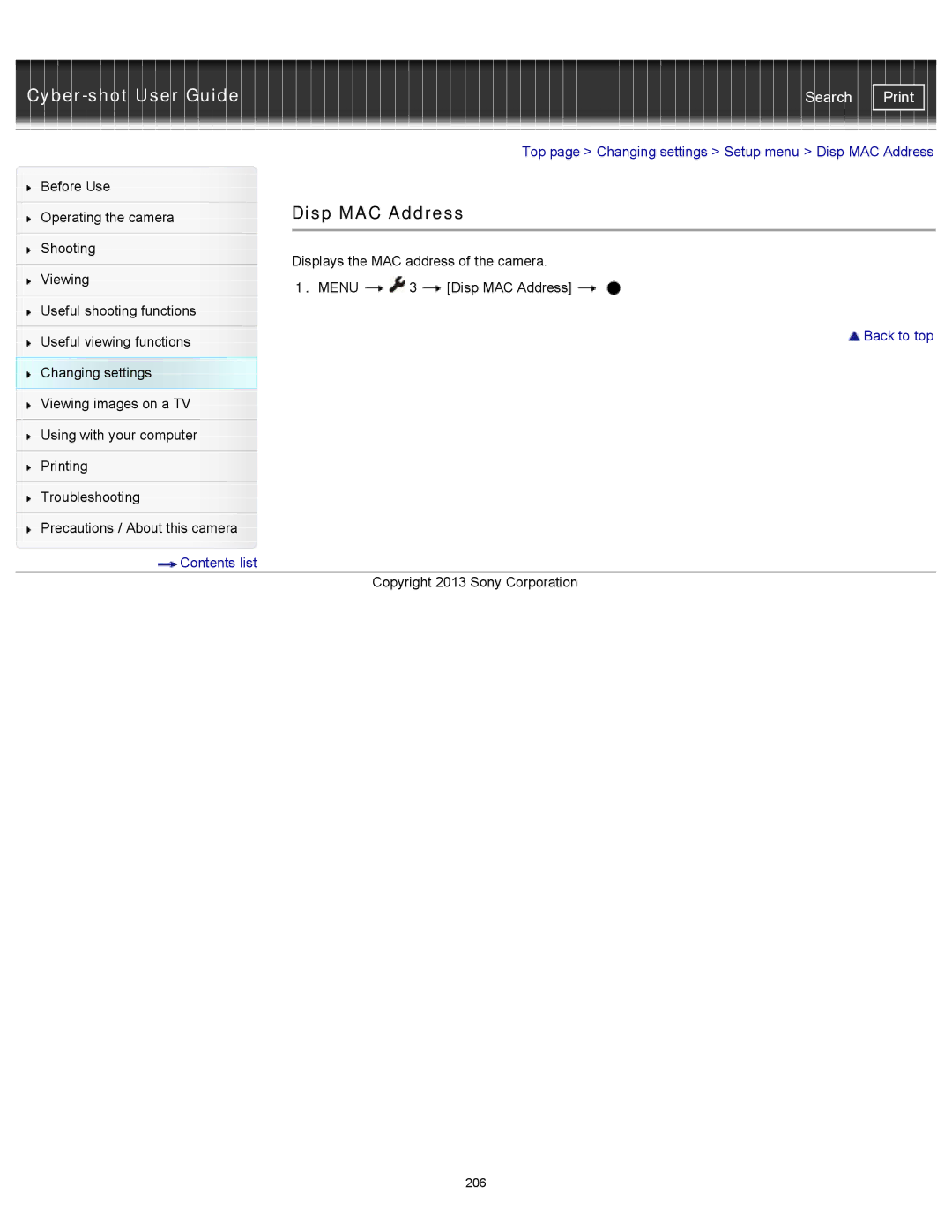 Sony DSC-RX100M2 manual Disp MAC Address 