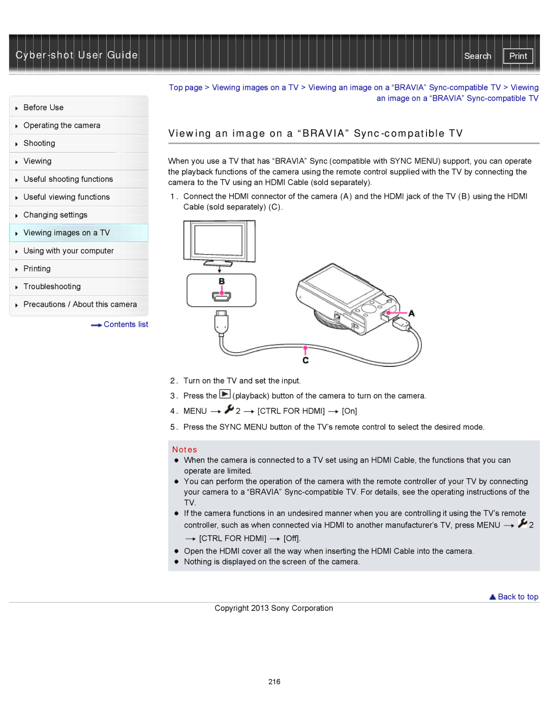 Sony DSC-RX100M2 manual Viewing an image on a Bravia Sync-compatible TV 