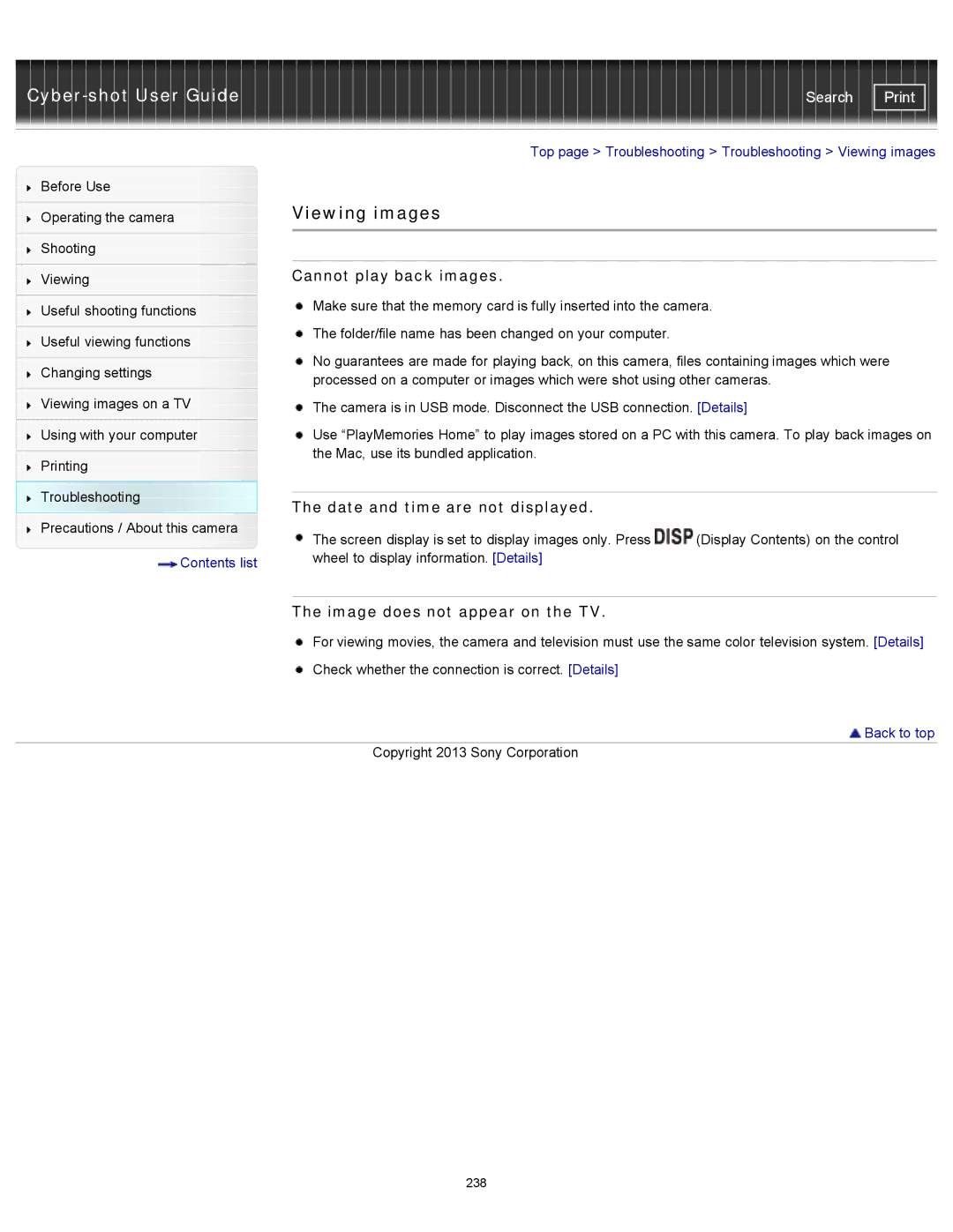 Sony DSC-RX100M2 Viewing images, Cannot play back images, Date and time are not displayed, Image does not appear on the TV 