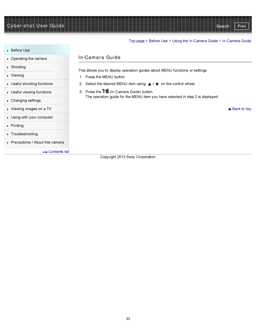 Sony DSC-RX100M2 manual In-Camera Guide 