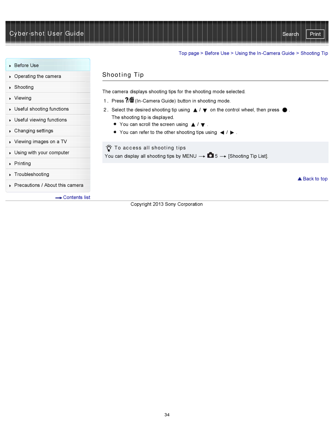 Sony DSC-RX100M2 manual Shooting Tip, To access all shooting tips 