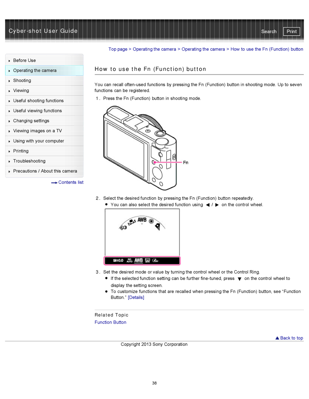 Sony DSC-RX100M2 manual How to use the Fn Function button 