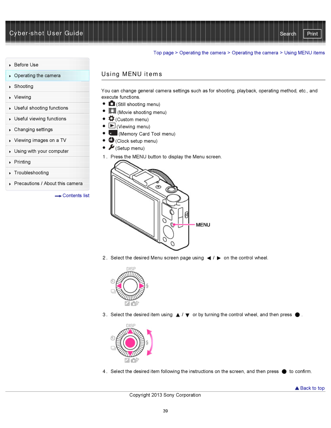 Sony DSC-RX100M2 manual Using Menu items 