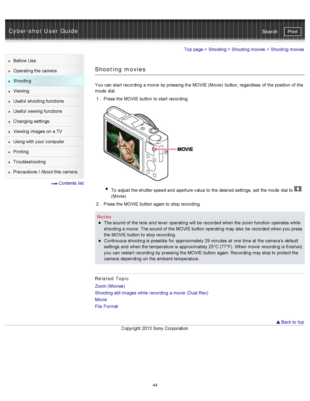 Sony DSC-RX100M2 manual Shooting movies, Related Topic 