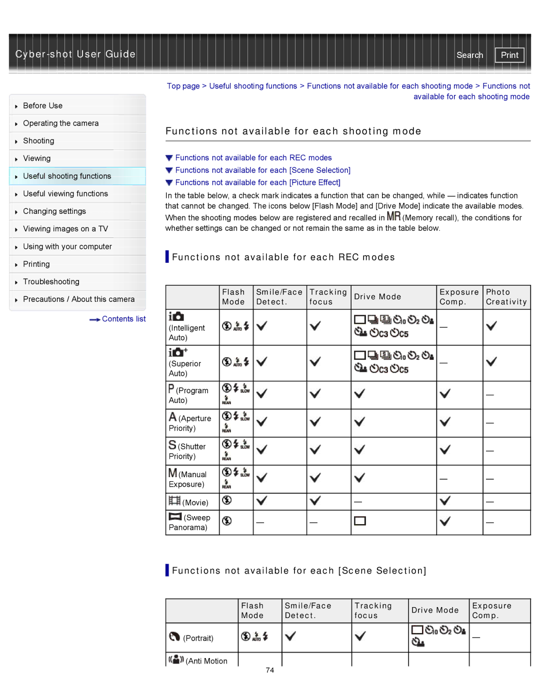 Sony DSC-RX100M2 manual Functions not available for each shooting mode, Functions not available for each REC modes 