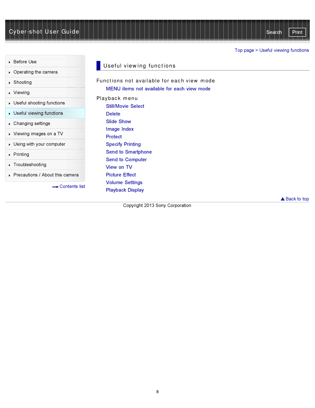 Sony DSC-RX100M2 manual Useful viewing functions, Functions not available for each view mode, Playback menu 