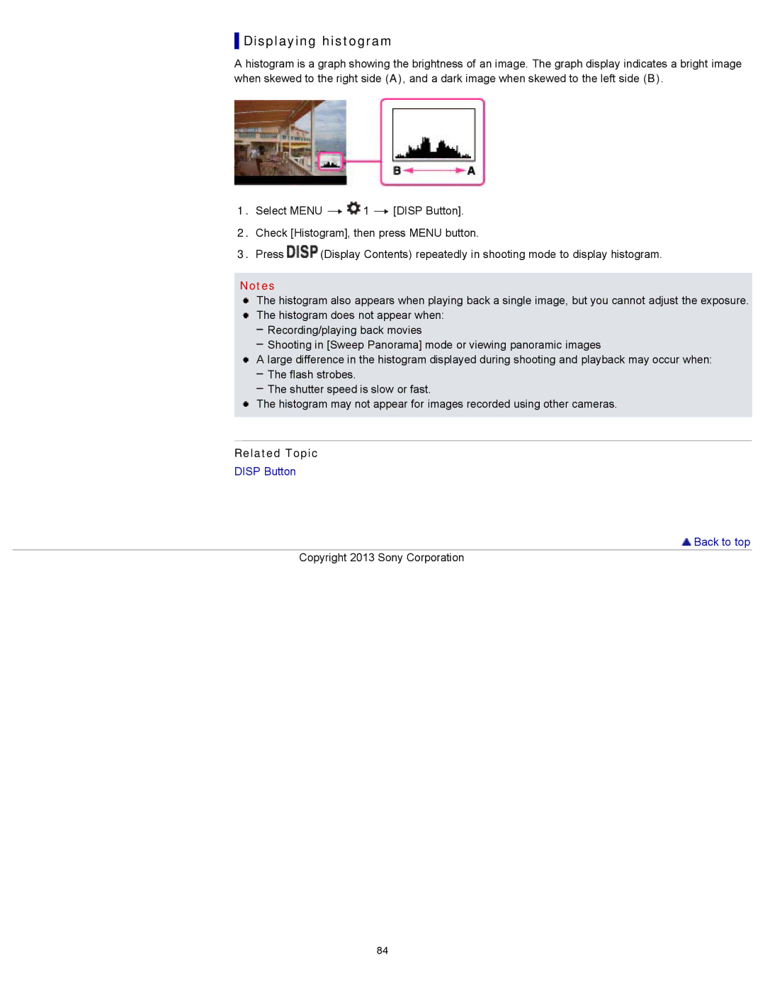 Sony DSC-RX100M2 manual Displaying histogram, Related Topic 