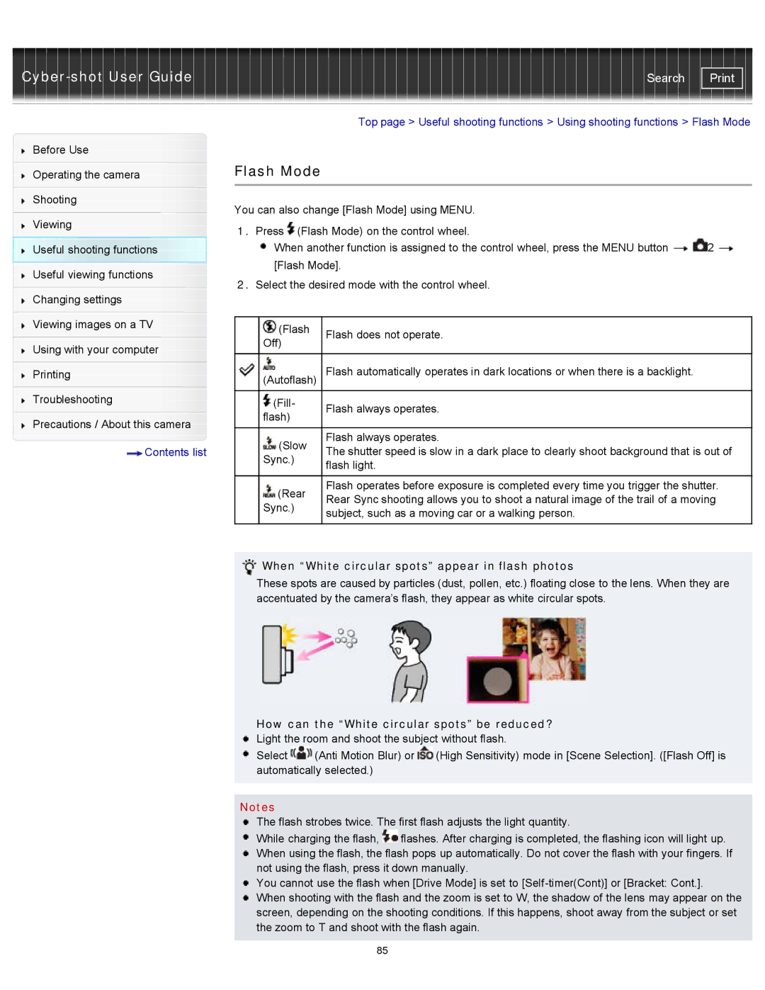 Sony DSC-RX100M2 manual Flash Mode, When White circular spots appear in flash photos 