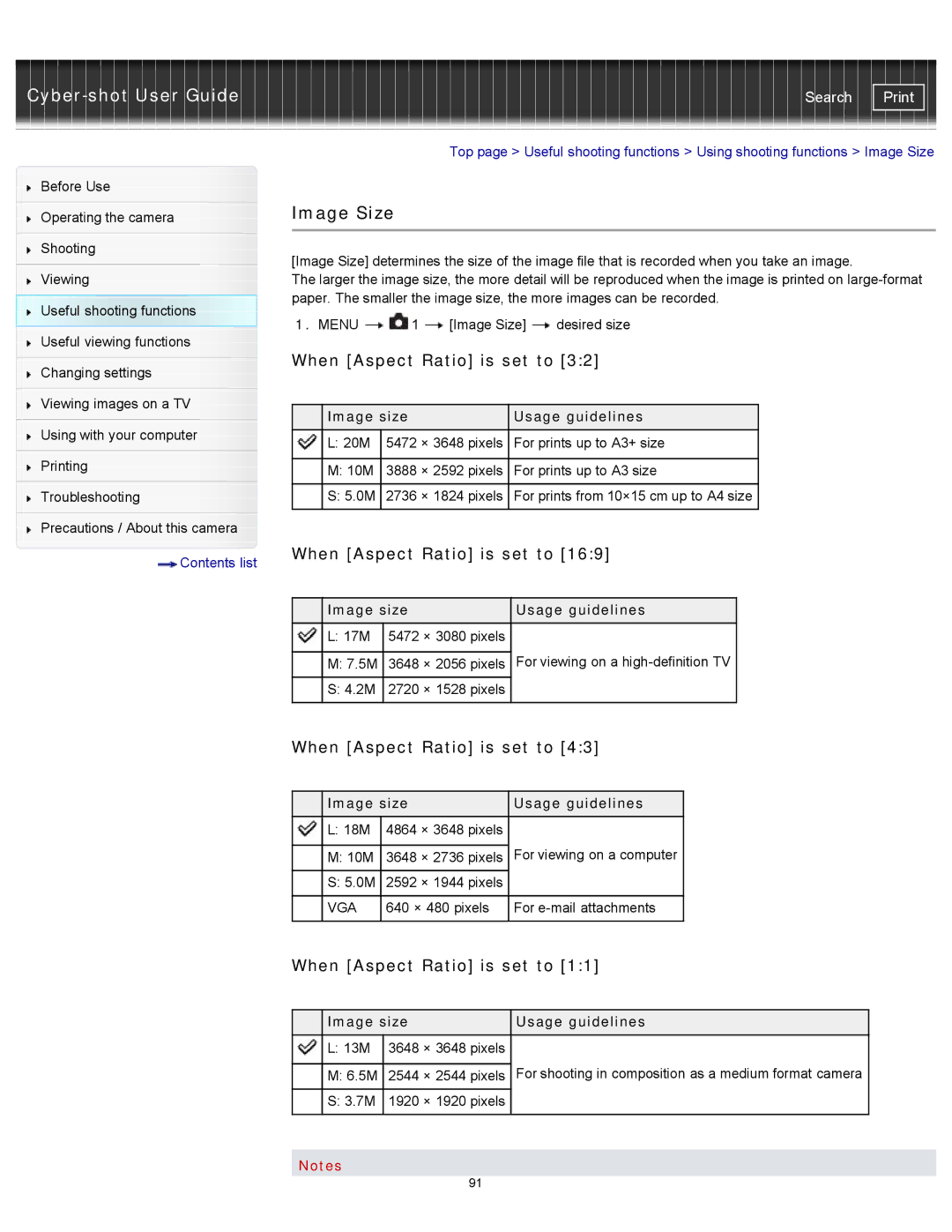 Sony DSC-RX100M2 manual Image Size, When Aspect Ratio is set to, Image size Usage guidelines 