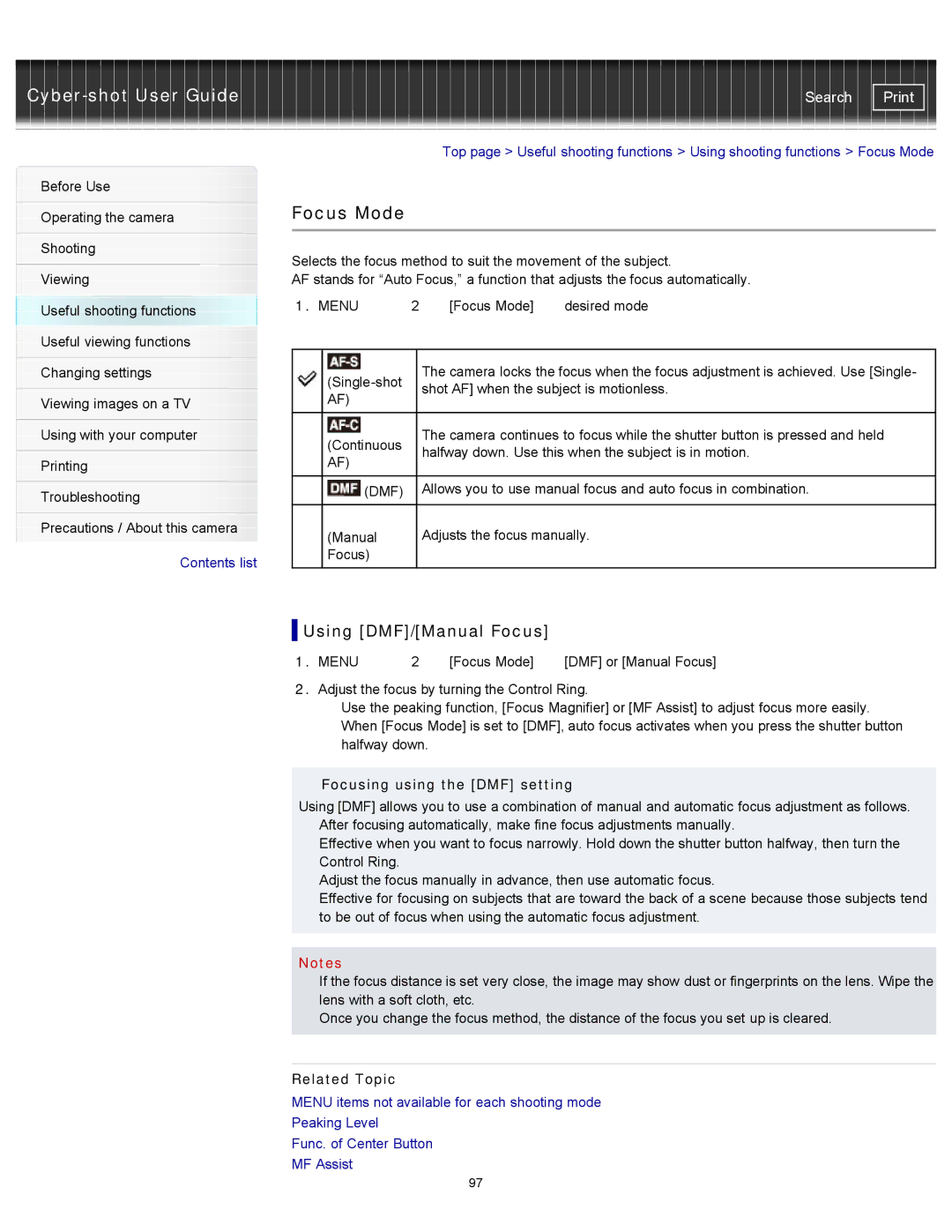 Sony DSC-RX100M2 manual Focus Mode, Using DMF/Manual Focus, Focusing using the DMF setting 