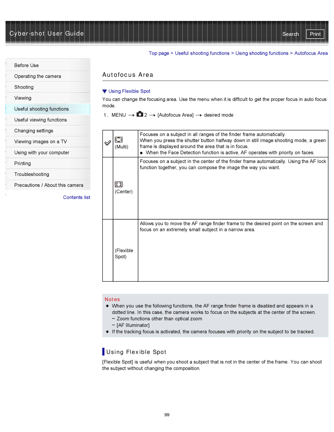 Sony DSC-RX100M2 manual Autofocus Area, Using Flexible Spot 