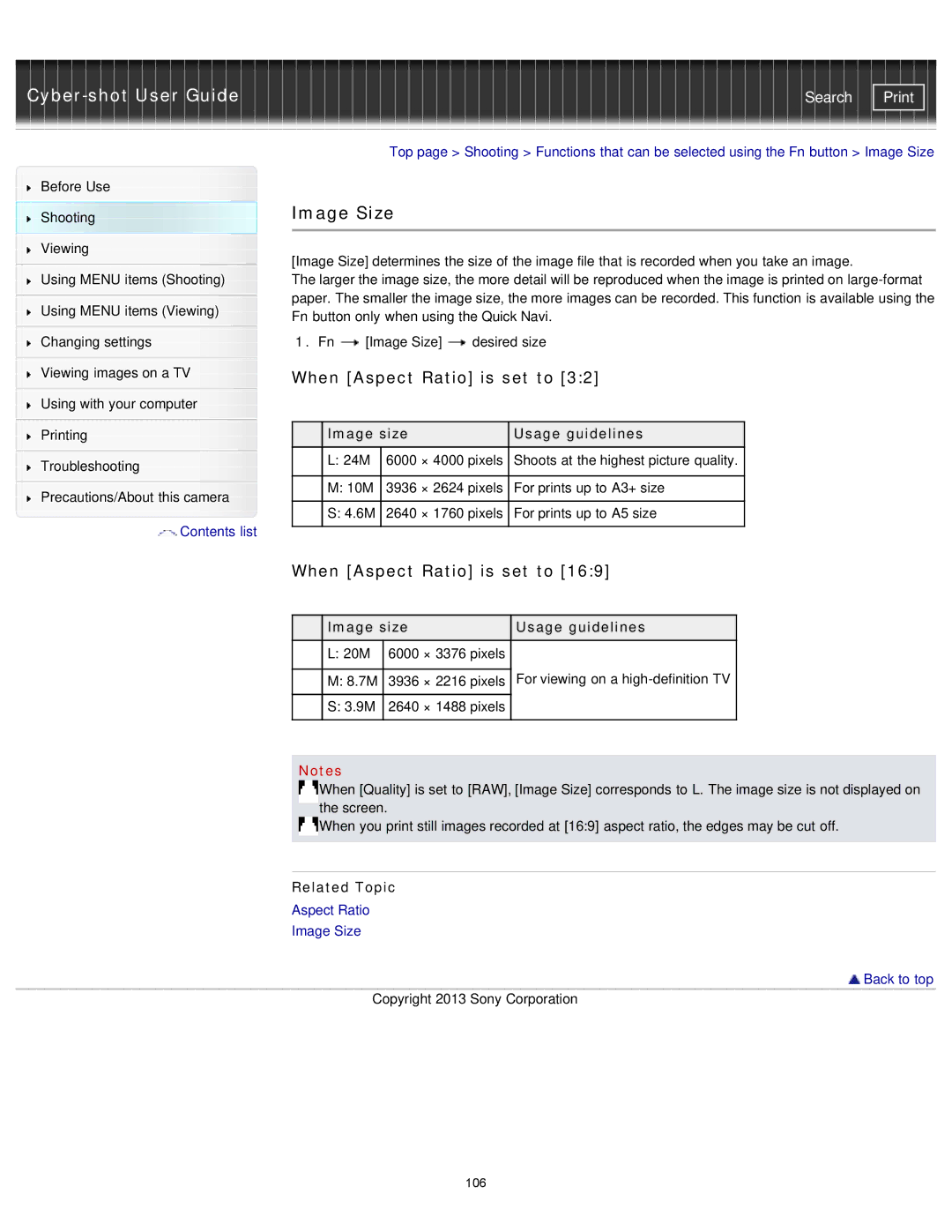 Sony DSC-RX1/RX1R manual Image Size, When Aspect Ratio is set to, Image size Usage guidelines 