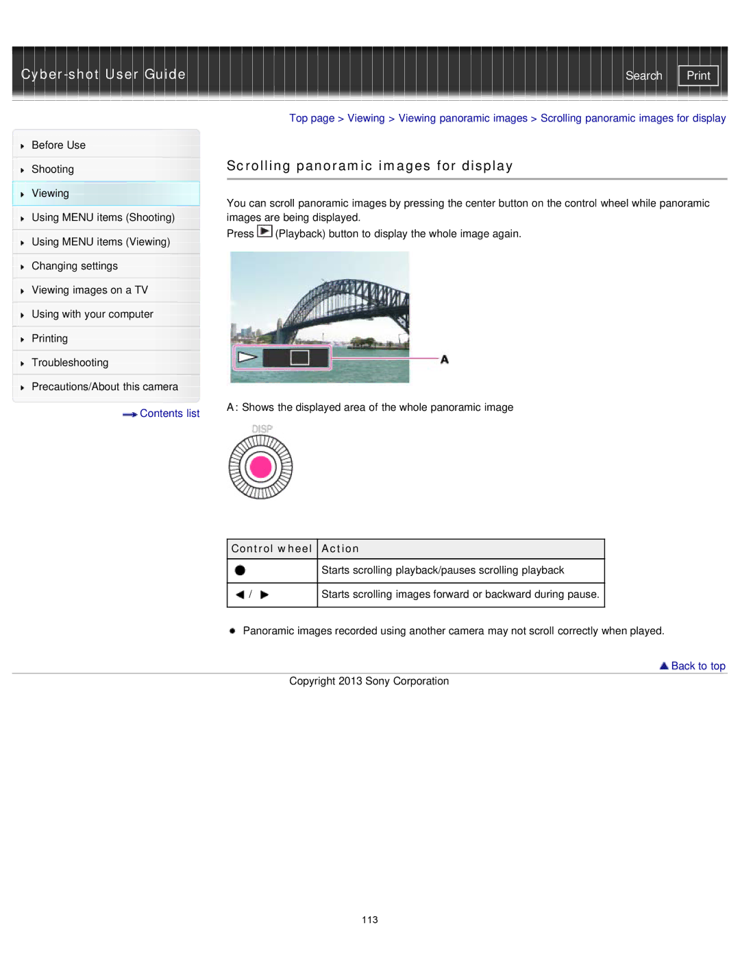 Sony DSC-RX1/RX1R manual Scrolling panoramic images for display, Control wheel Action 