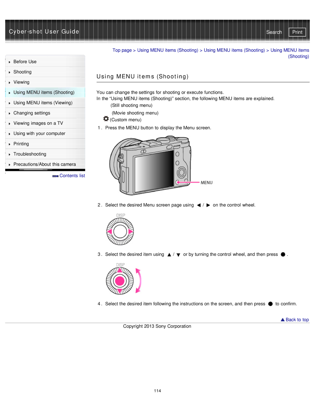 Sony DSC-RX1/RX1R manual Using Menu items Shooting 