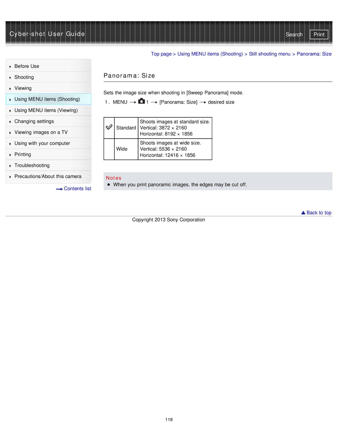 Sony DSC-RX1/RX1R manual Panorama Size, Menu 