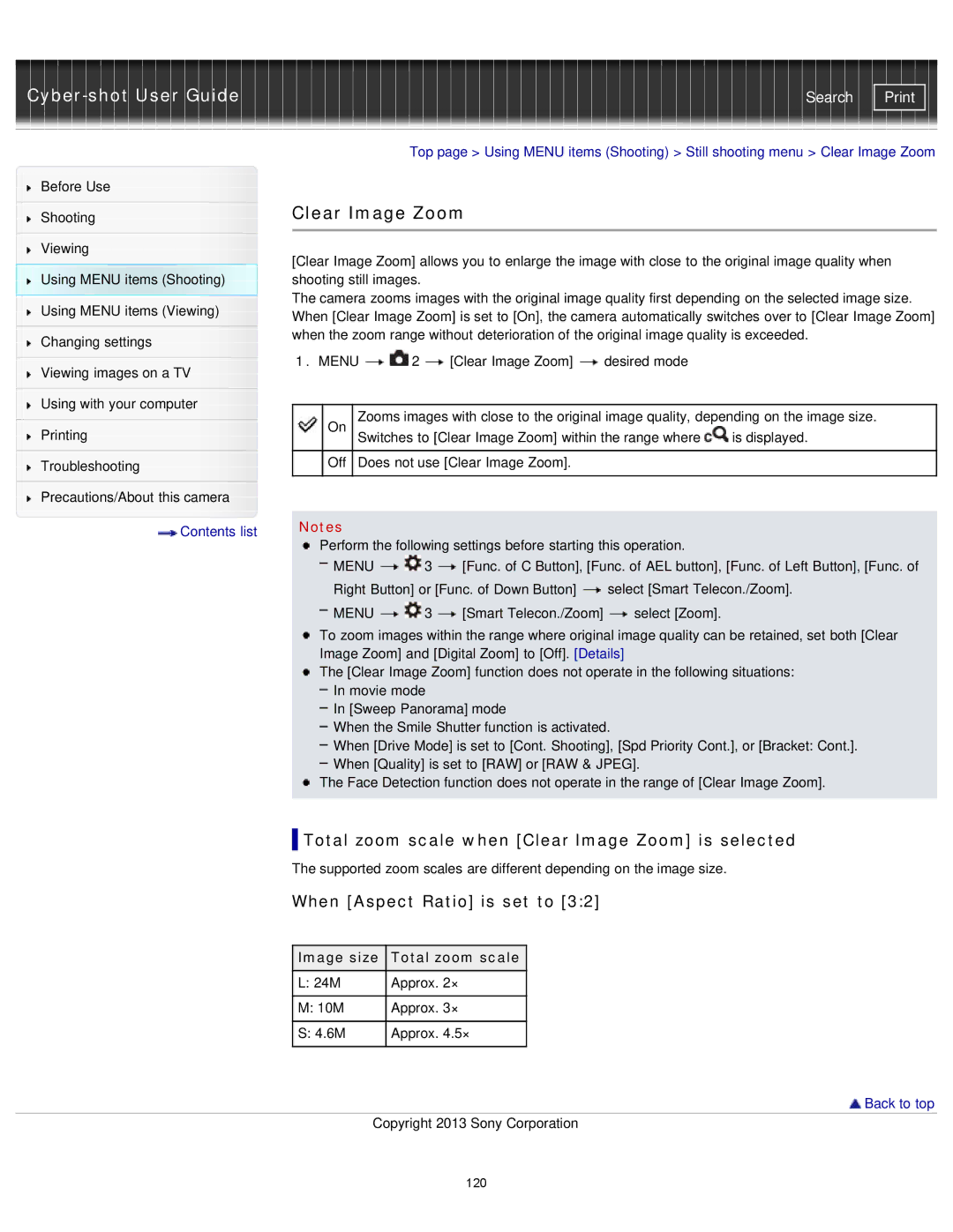 Sony DSC-RX1/RX1R manual Total zoom scale when Clear Image Zoom is selected, Image size Total zoom scale 