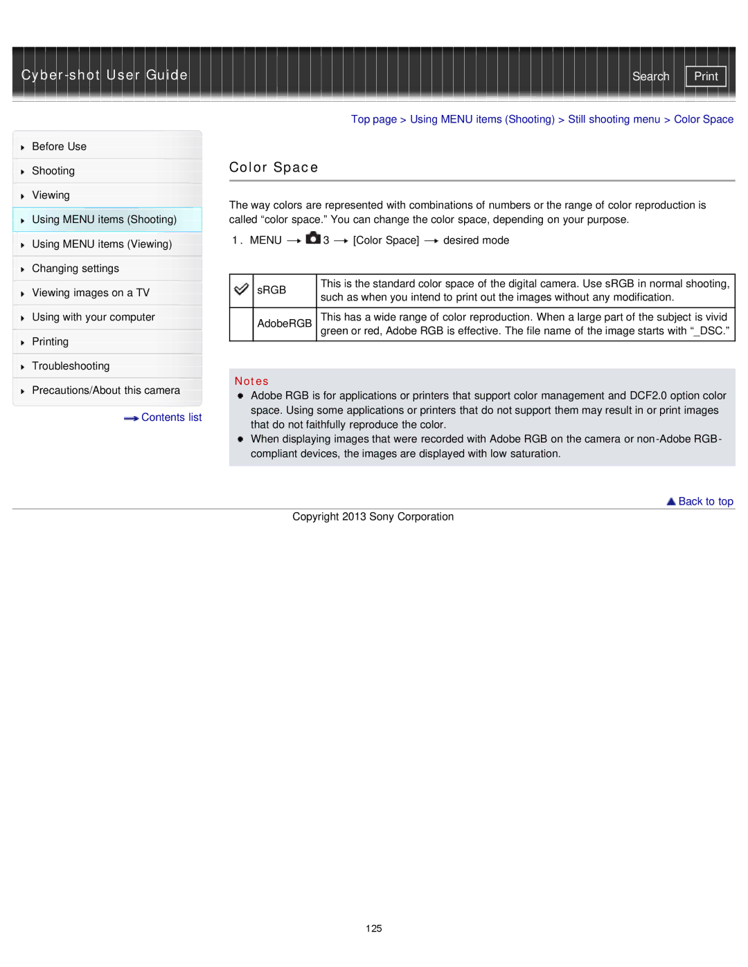 Sony DSC-RX1/RX1R manual Color Space, Printing Troubleshooting Precautions/About this camera 